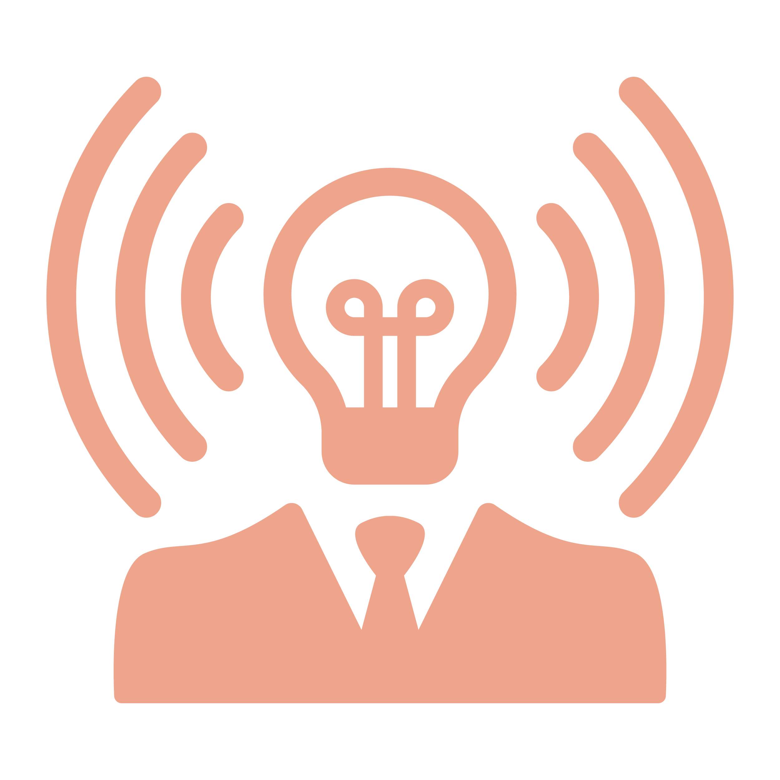 Icon of a person in a suit with a lightbulb for a head, and radio waves emanating from the lightbulb.