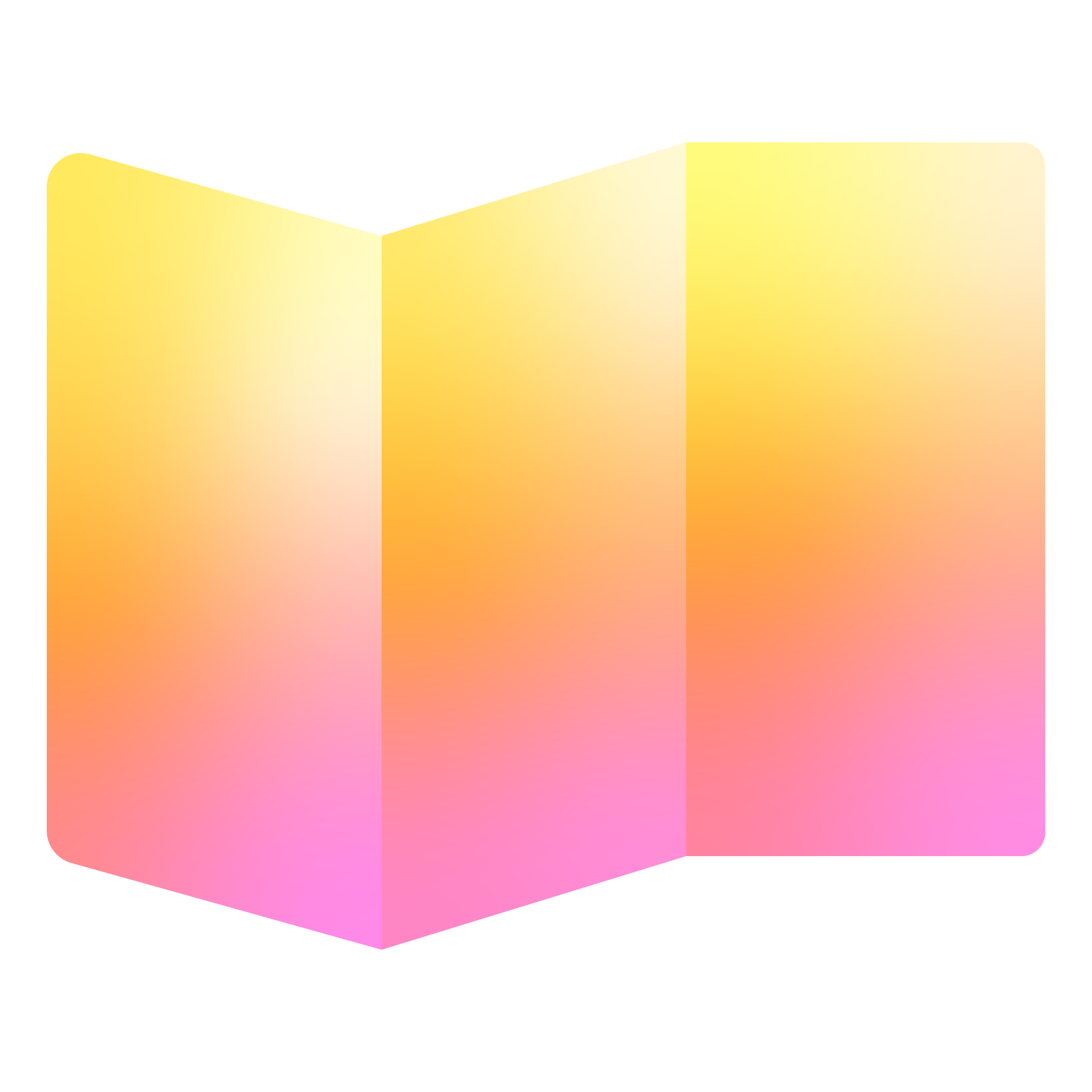 Colorful stylized open book with gradient pink, yellow, and orange pages.