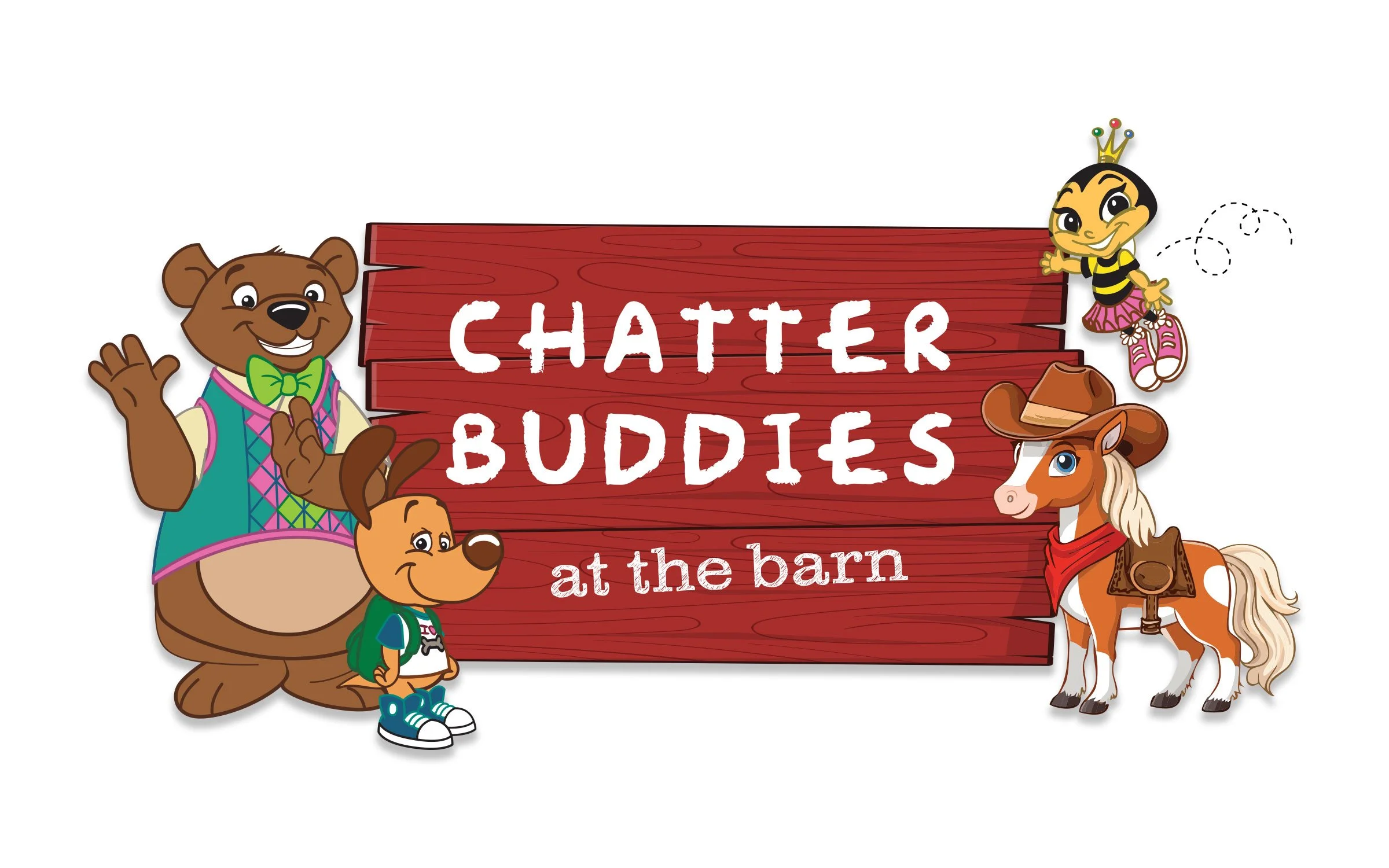 Cartoon characters of a bear, a boy, a bee, and a horse next to a red wooden sign that reads 'Chatter Buddies at the barn'.