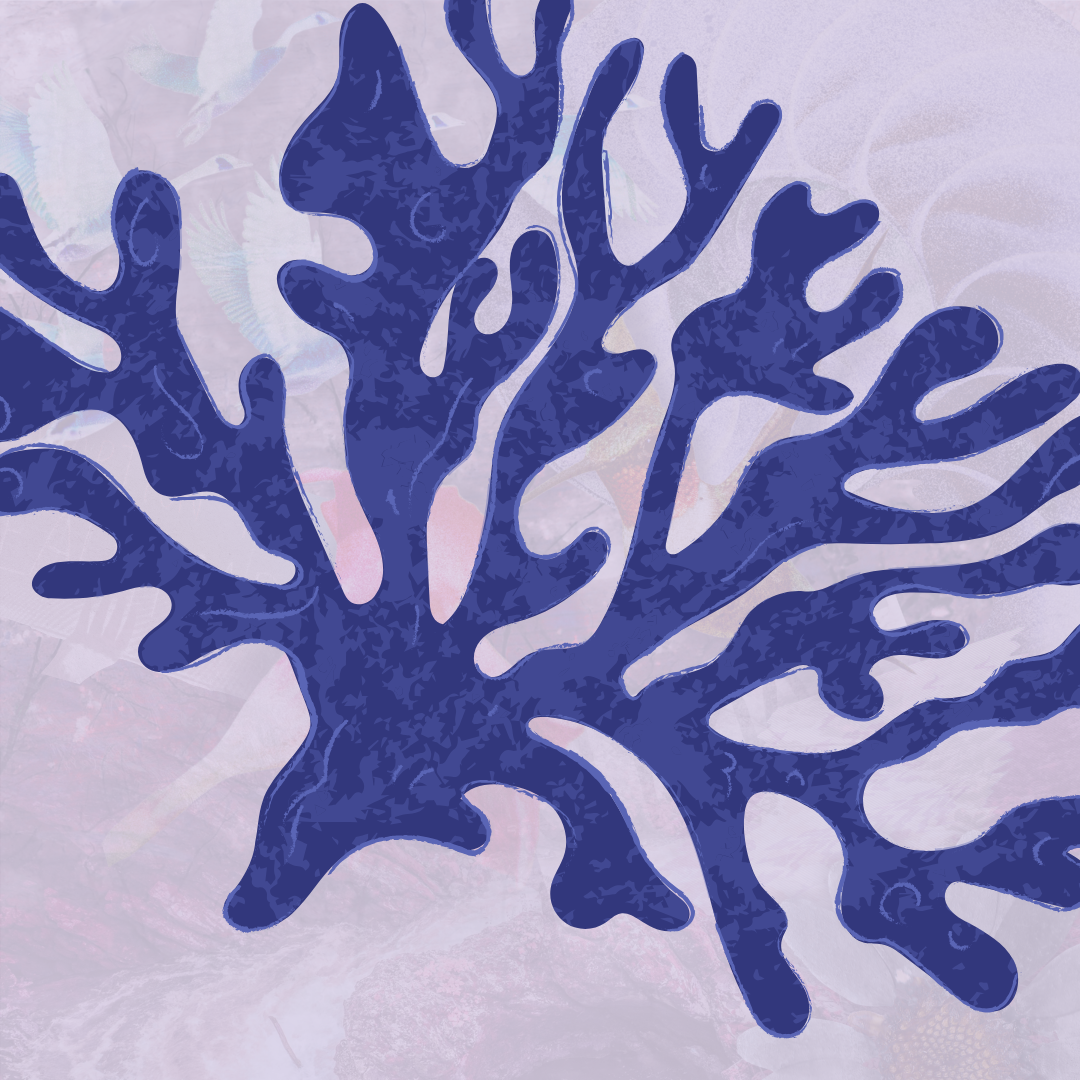 A stylized dark blue coral silhouette on a light, abstract background.