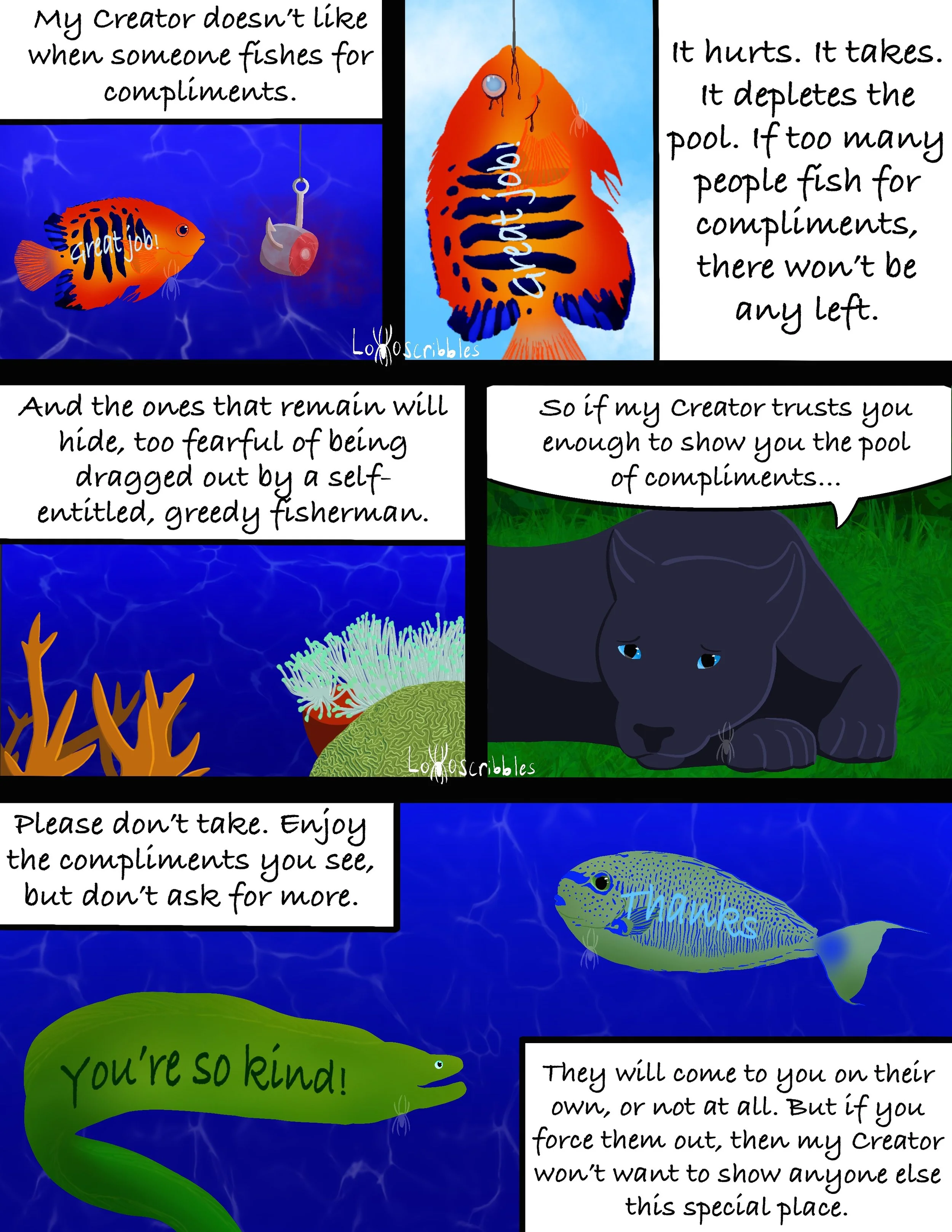 Symbolic comic featuring one of my cougar-jaguar hybrid characters and various marine life. Page 2/2