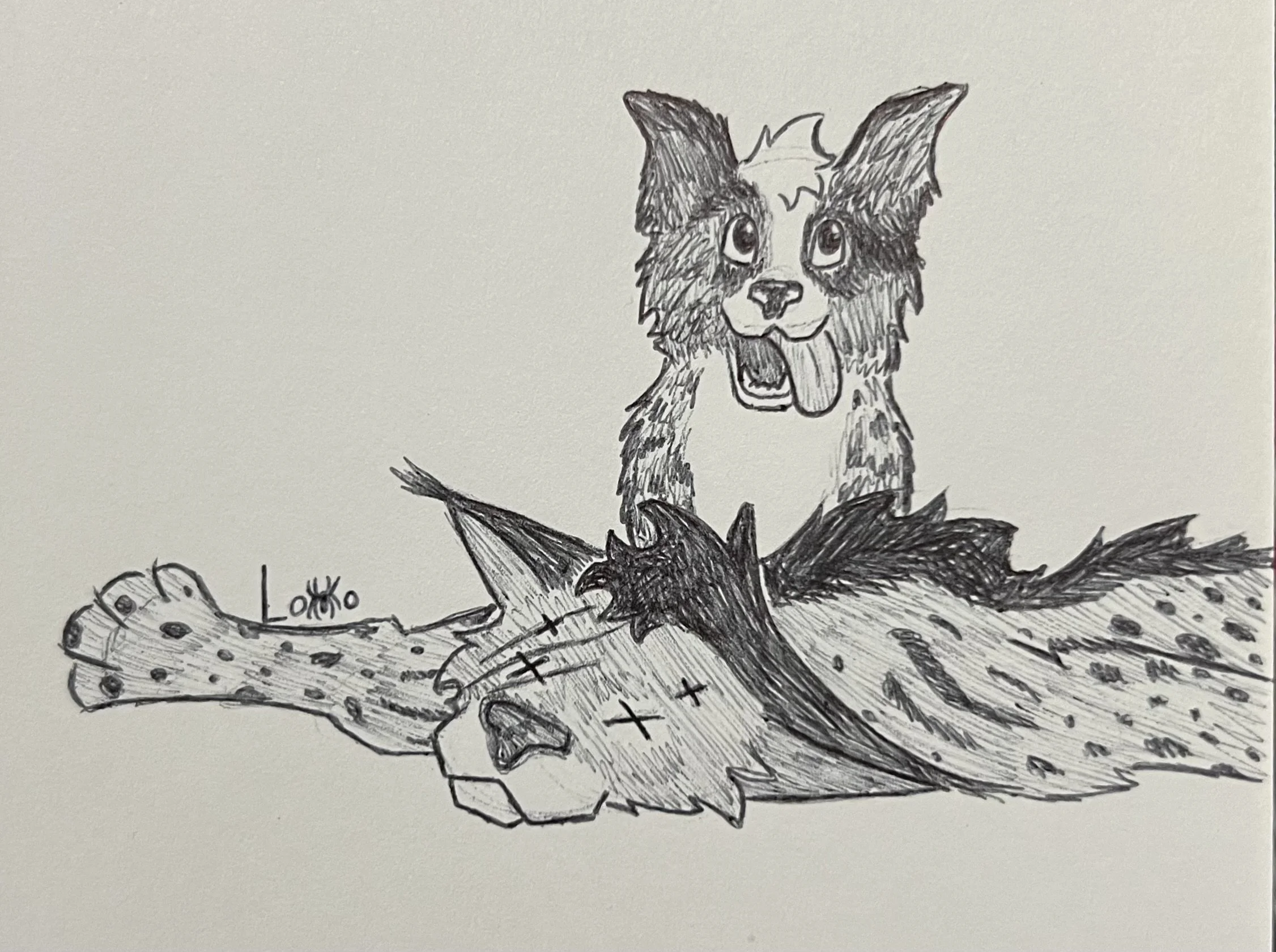 Pen sketch non-canon scenario in which a friend's dog hunted one of my four-eyed alien cats