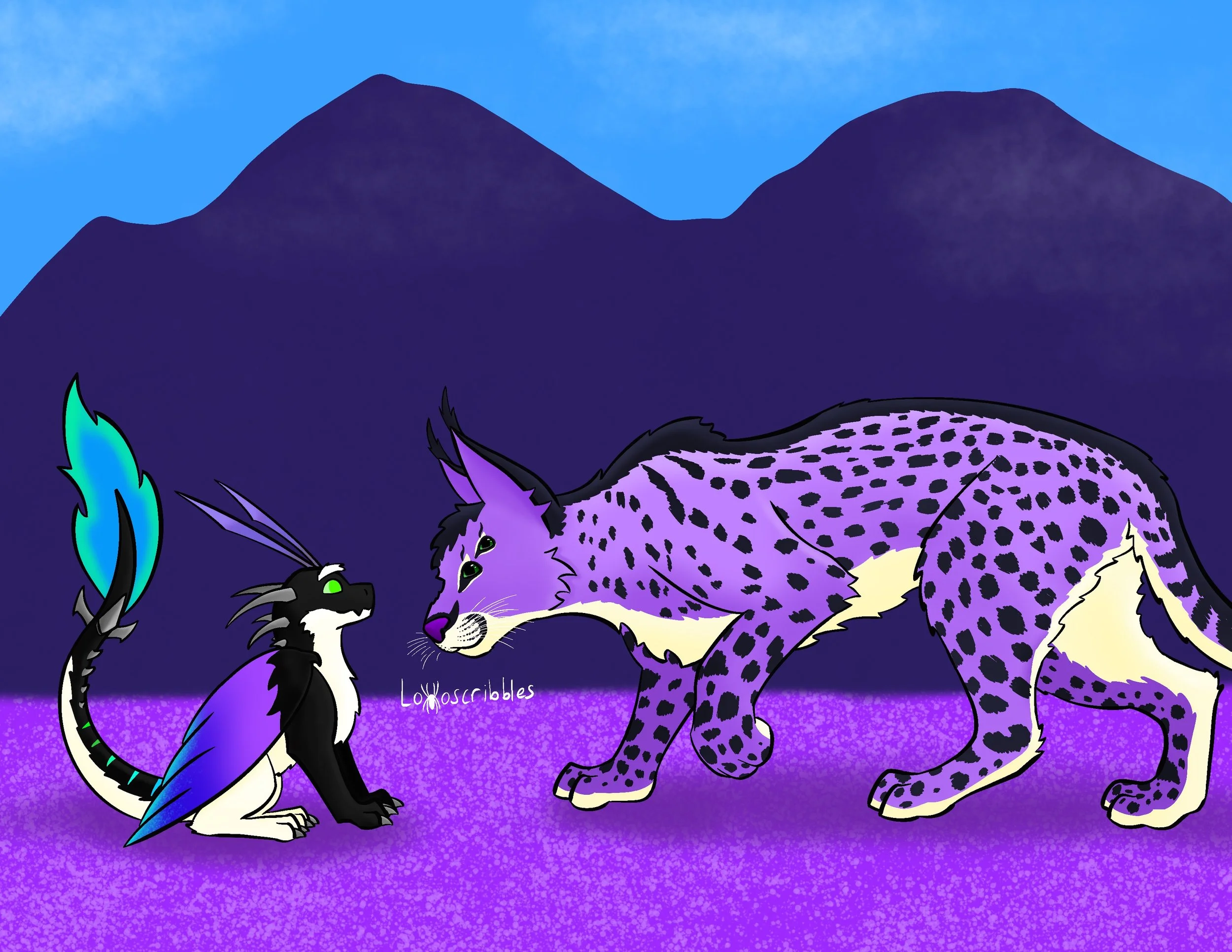 A scene featuring one of my four-eyed alien cats meeting a friend's dragon character