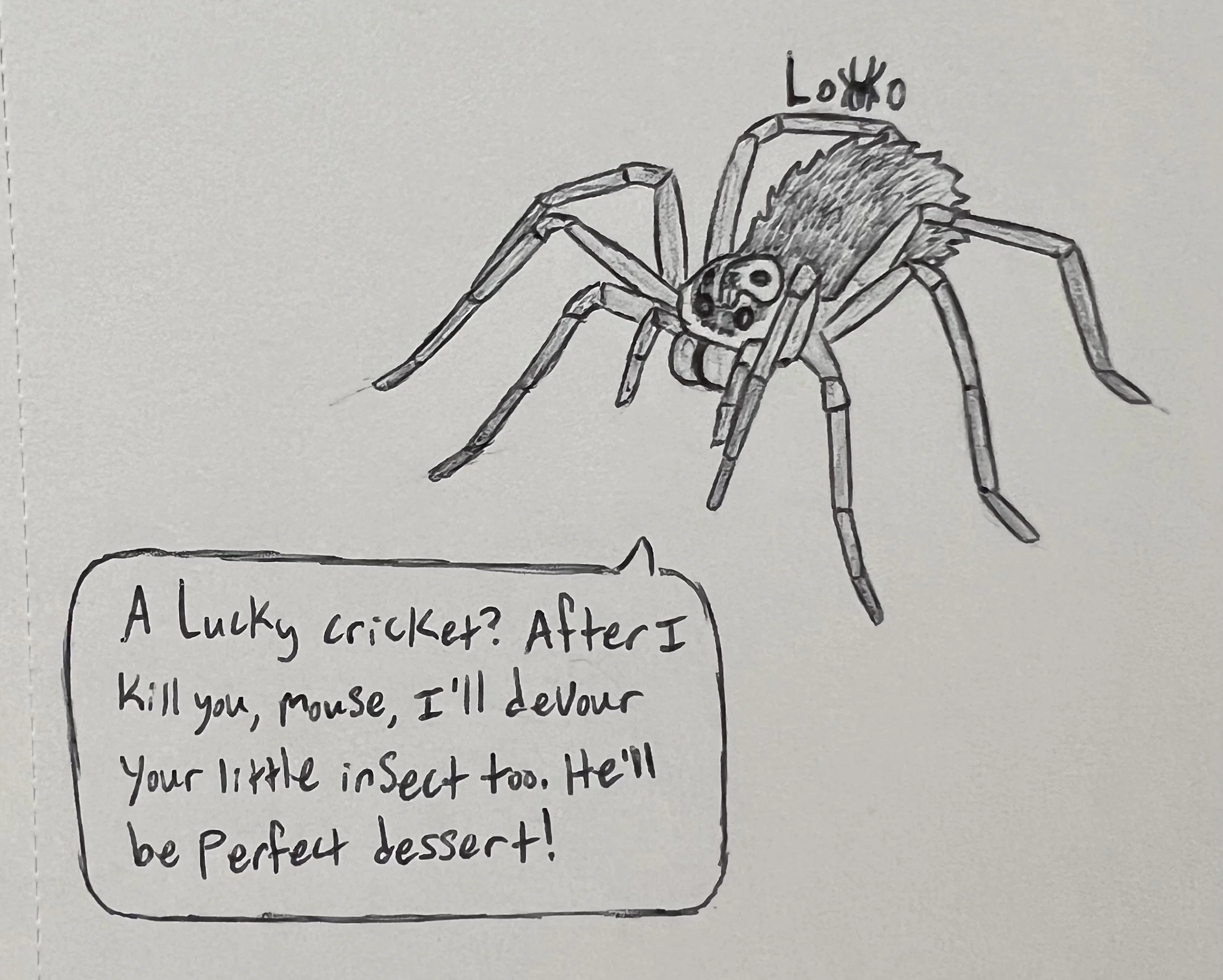Pen sketch featuring a spider character from my fiction story Arachnid Assault