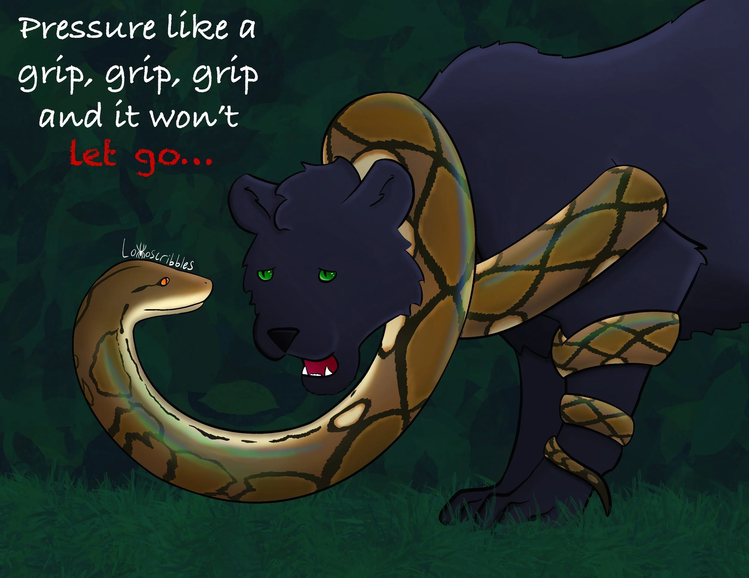Pressure: Symbolic art of my cougar-jaguar hybrid character and lyrics from the song 'Surface Pressure' from Encanto