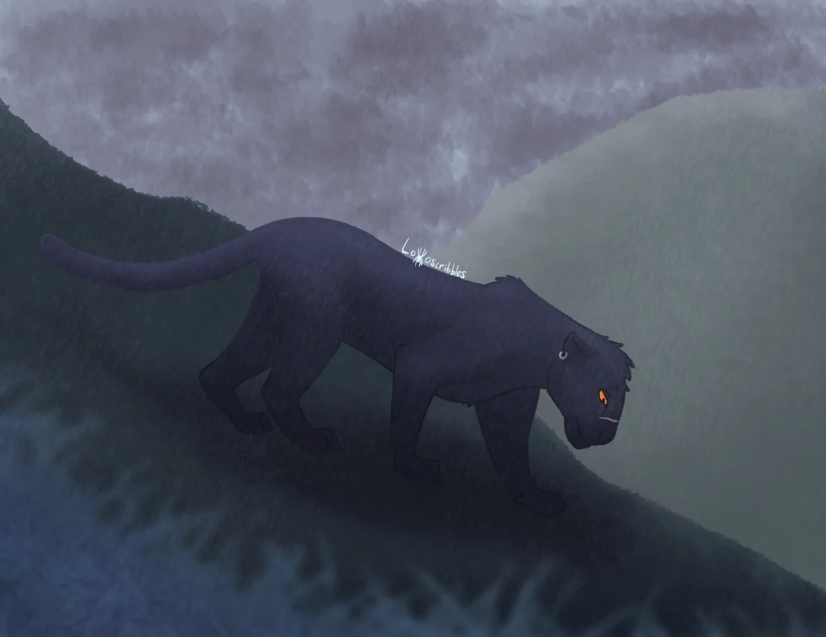 An illustration featuring one of my cougar-jaguar hybrid characters walking down a dreary mountainside