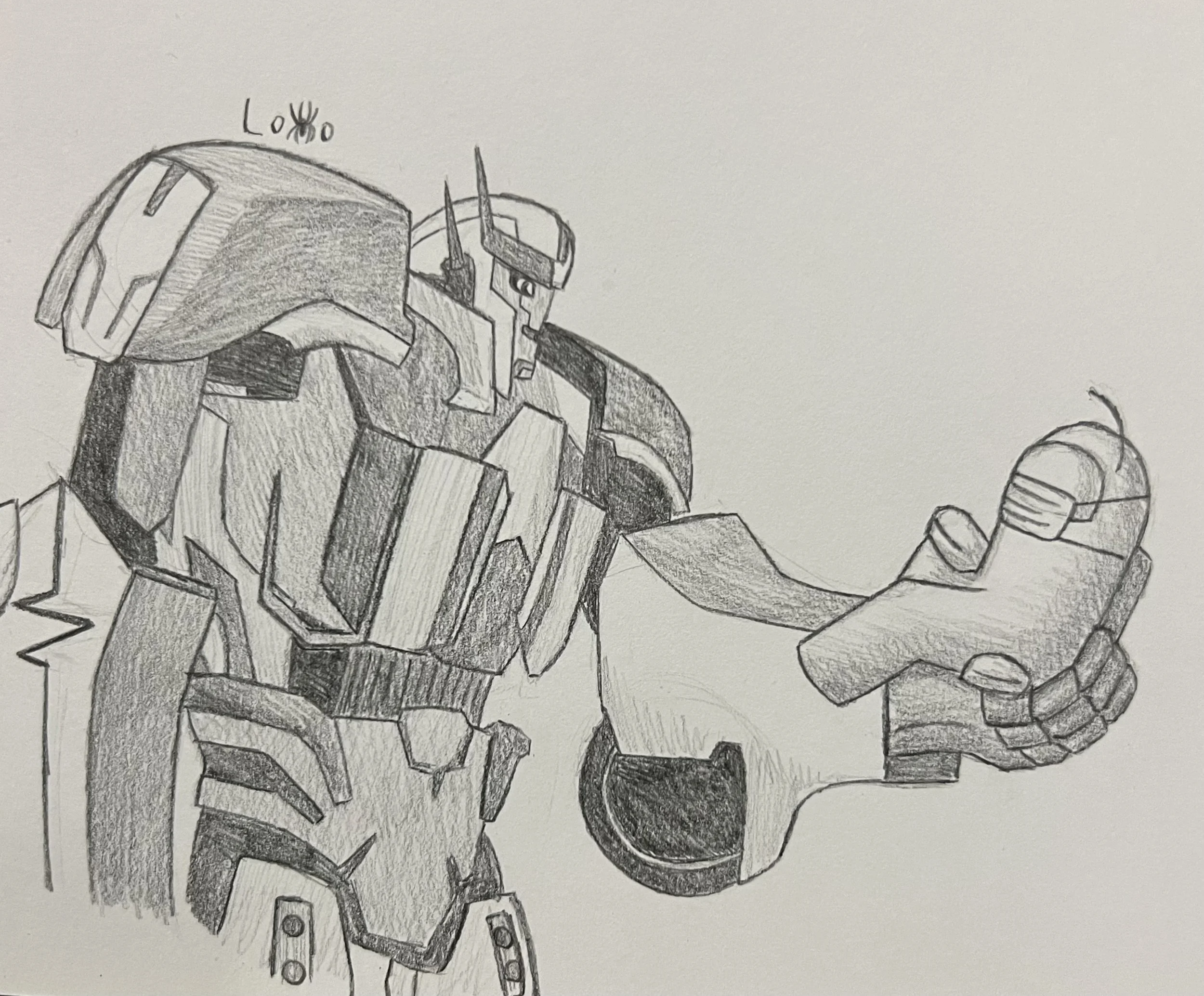 Ratchet from Transformers: Prime holding one of my Among Us characters in 'bean form'