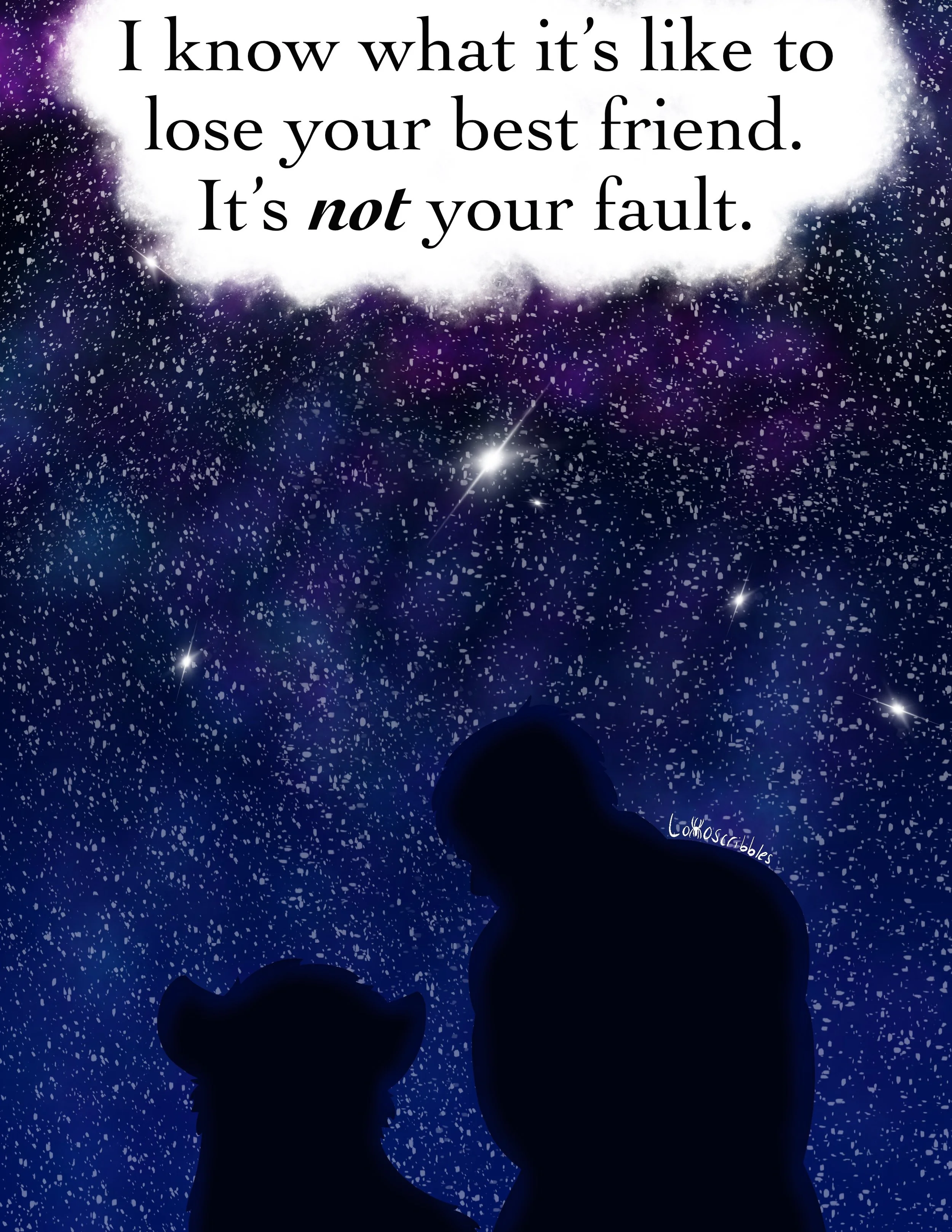 Silhouettes of two of my characters against a starry background