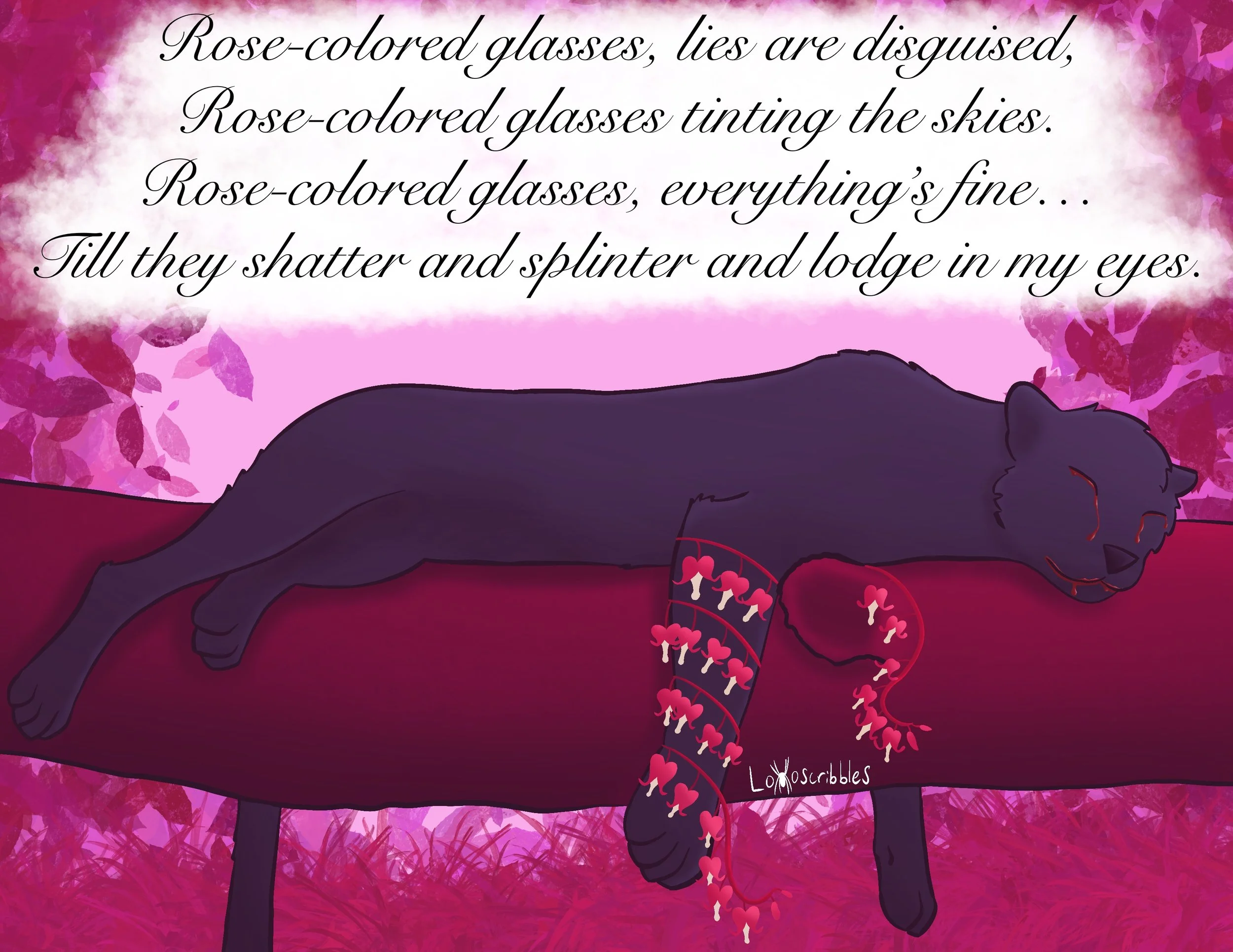 Symbolic art of my jaguar-cougar hybrid character and an original poem that I wrote