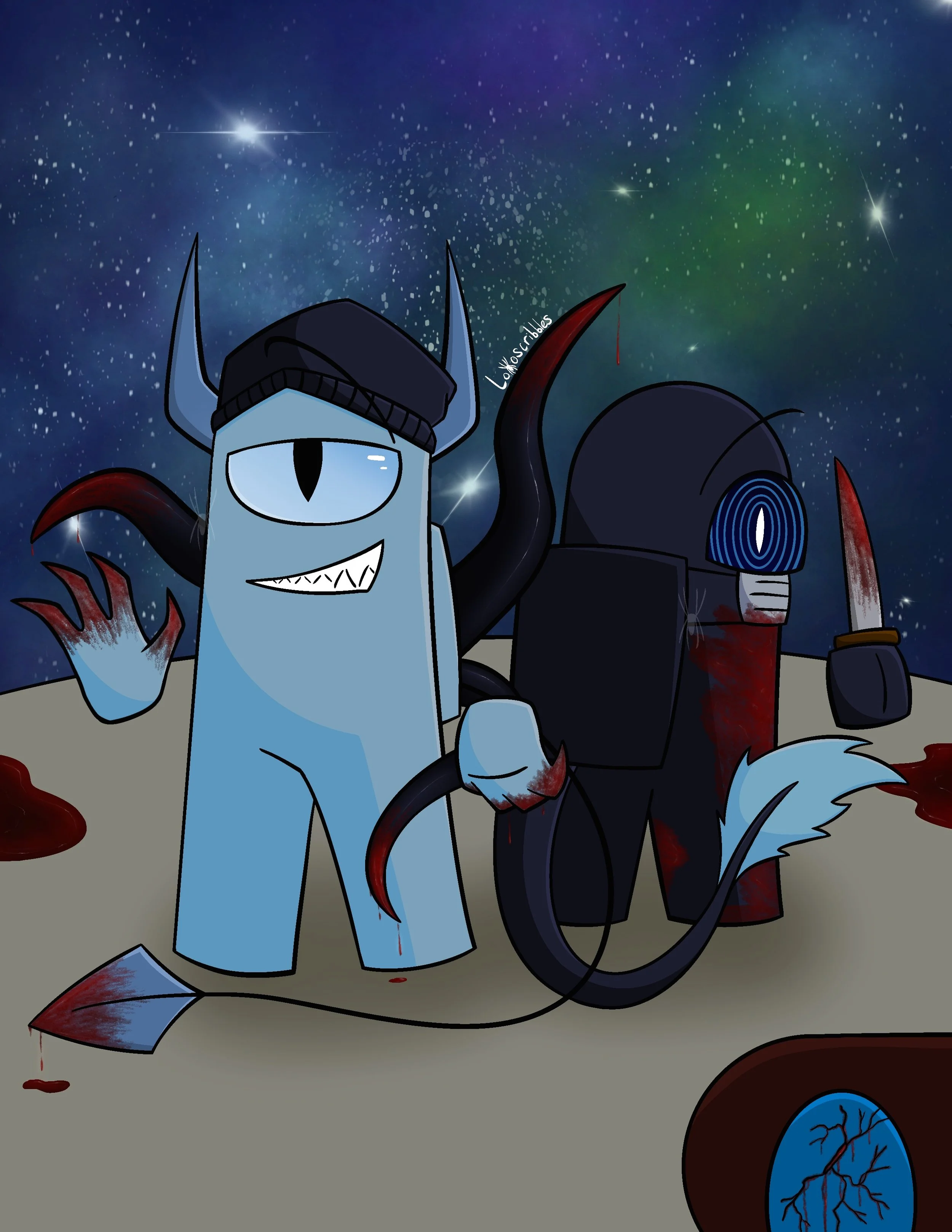 Scene featuring a friend's Among Us characters