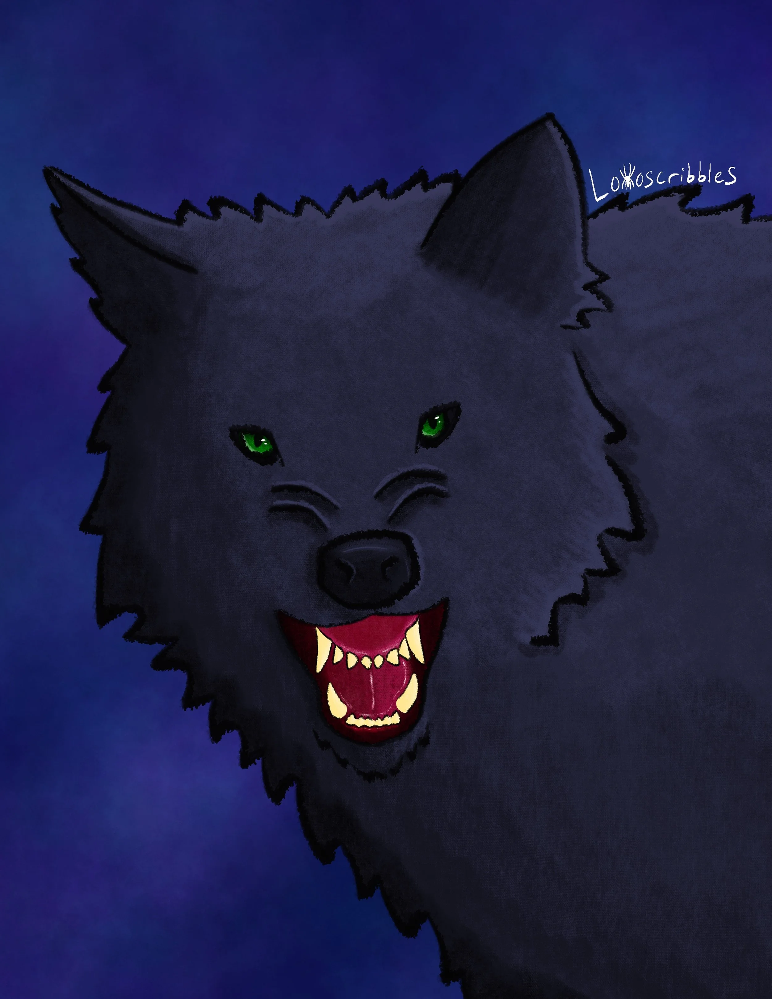Illustration of a black wolf baring its teeth