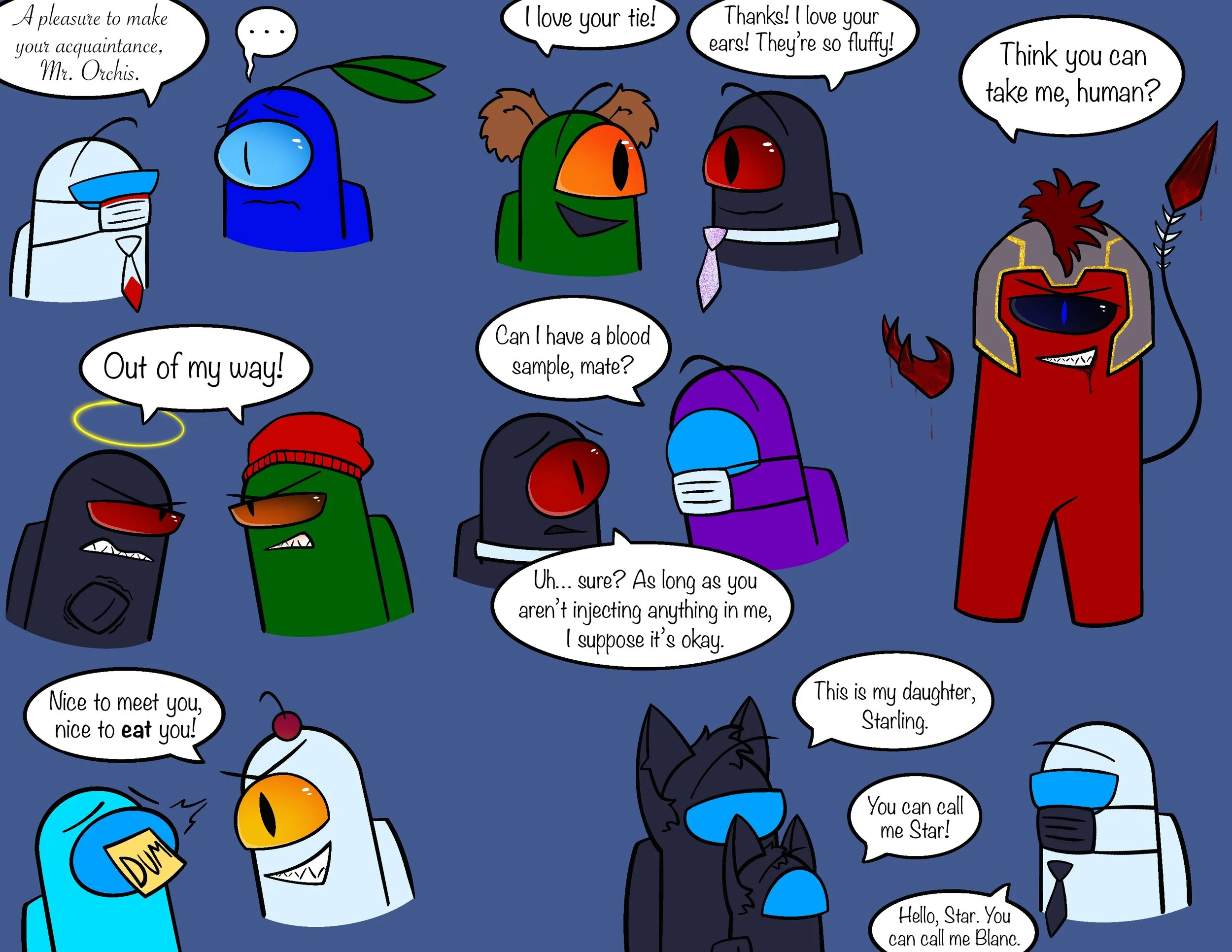 A doodle page featuring my Among Us 'beans' interacting with a friend's 'beans'