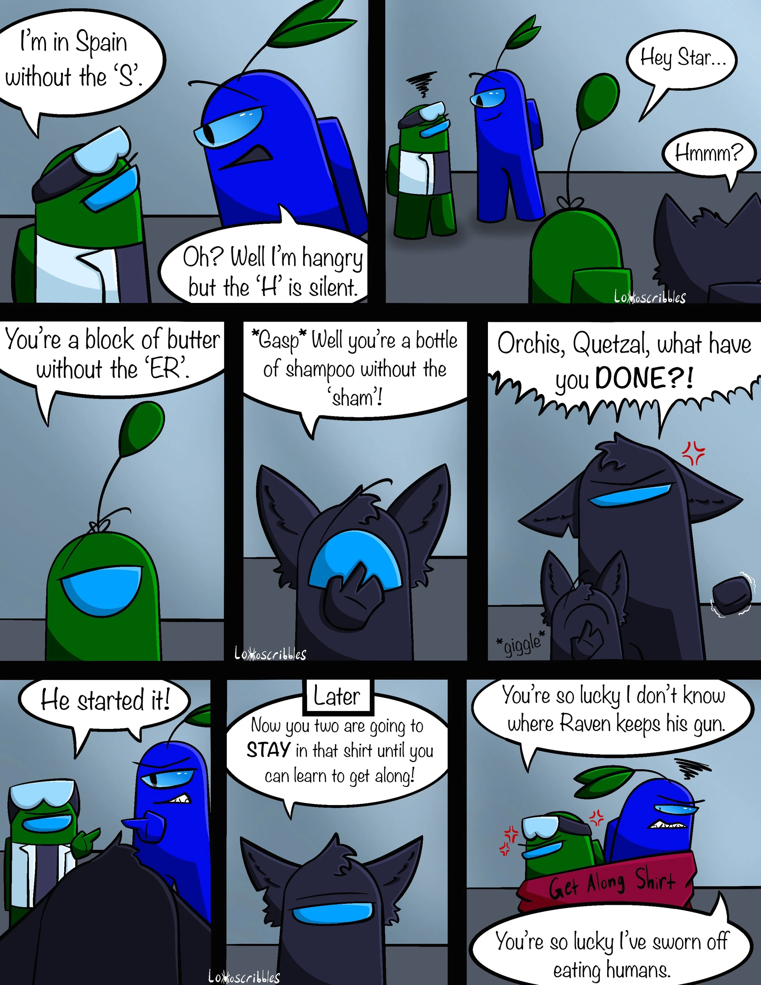 Mini comic featuring several of my Among Us characters in 'bean form'