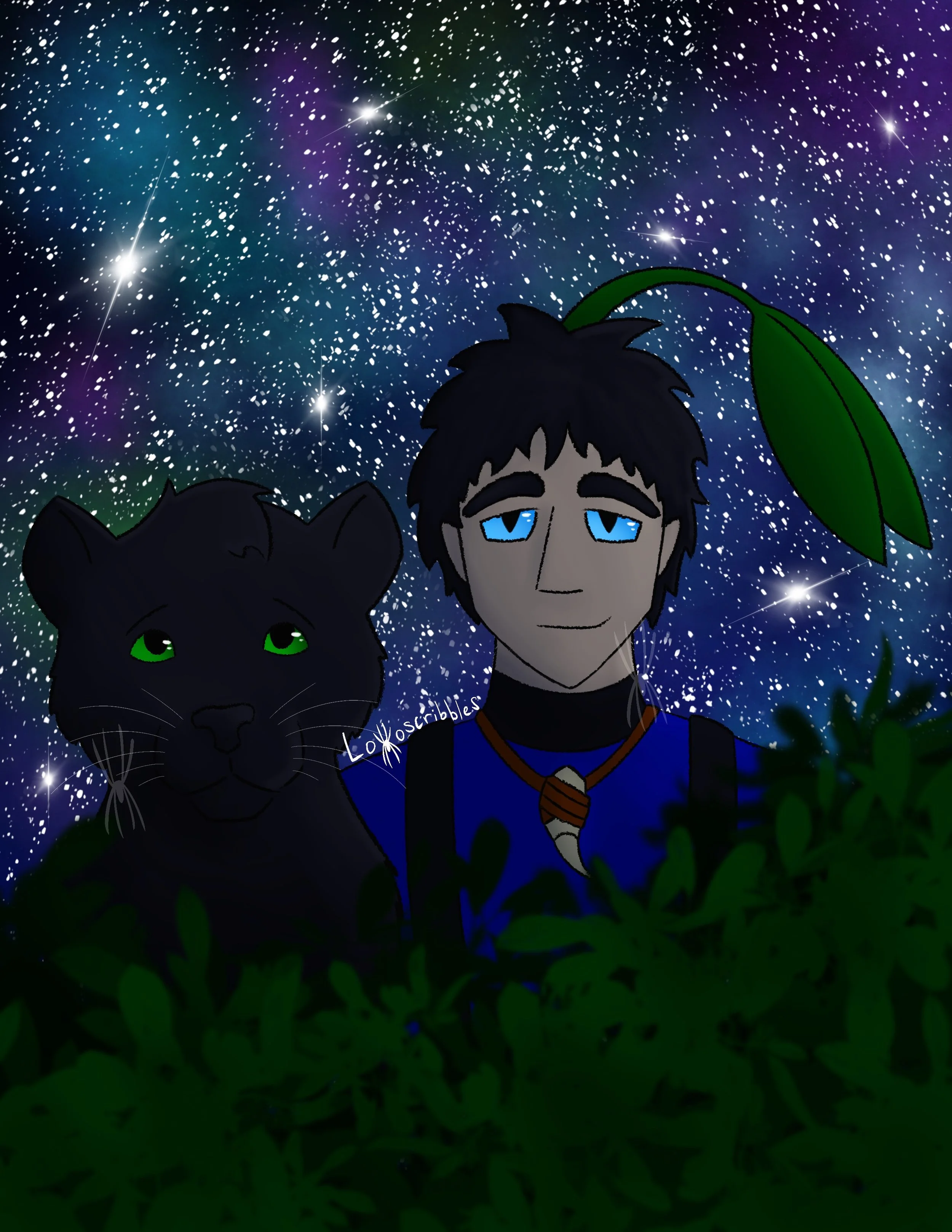 My cougar-jaguar hybrid character and my Among Us-inspired character against a starry background