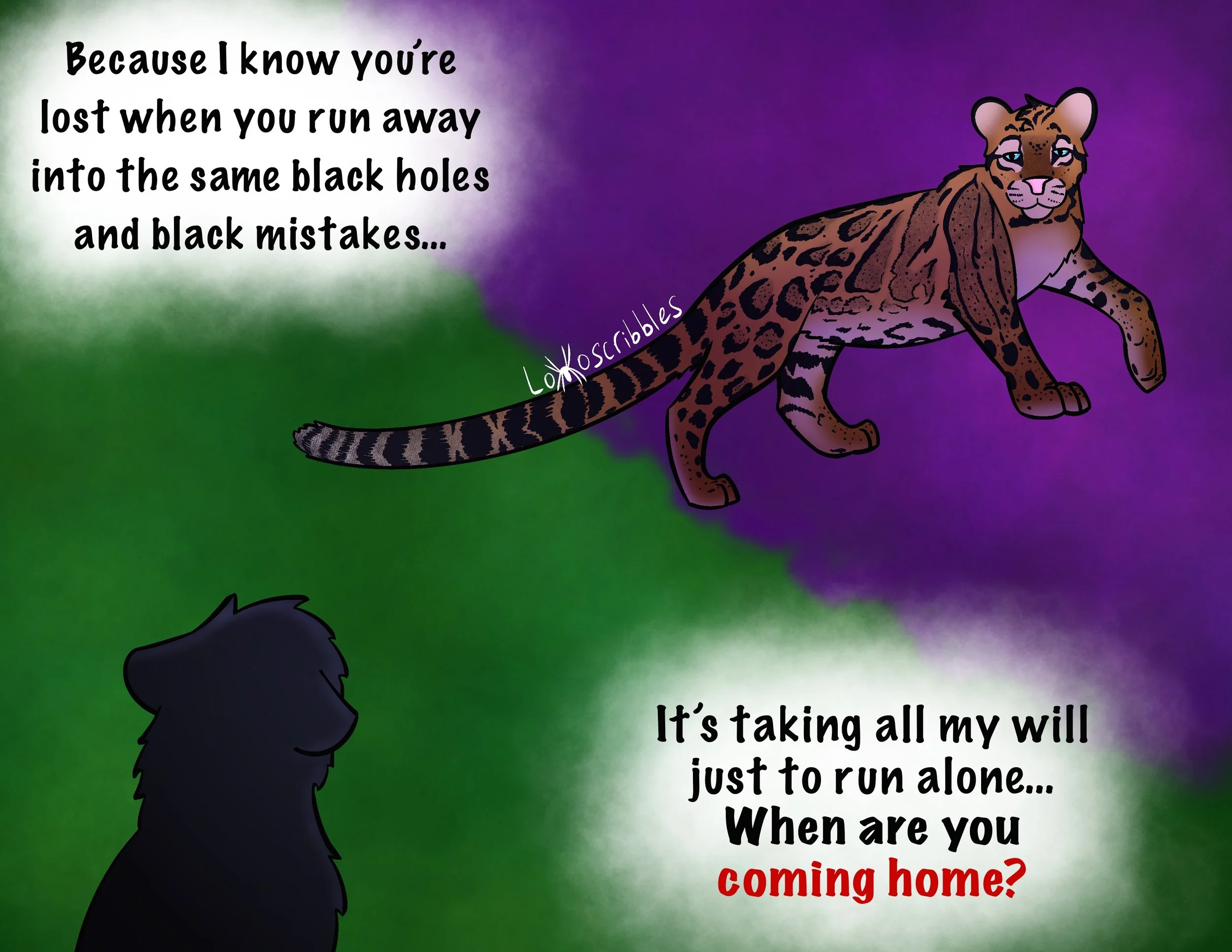 Symbolic art featuring two of my big cat characters and lyrics from 'Die for You' by Starset