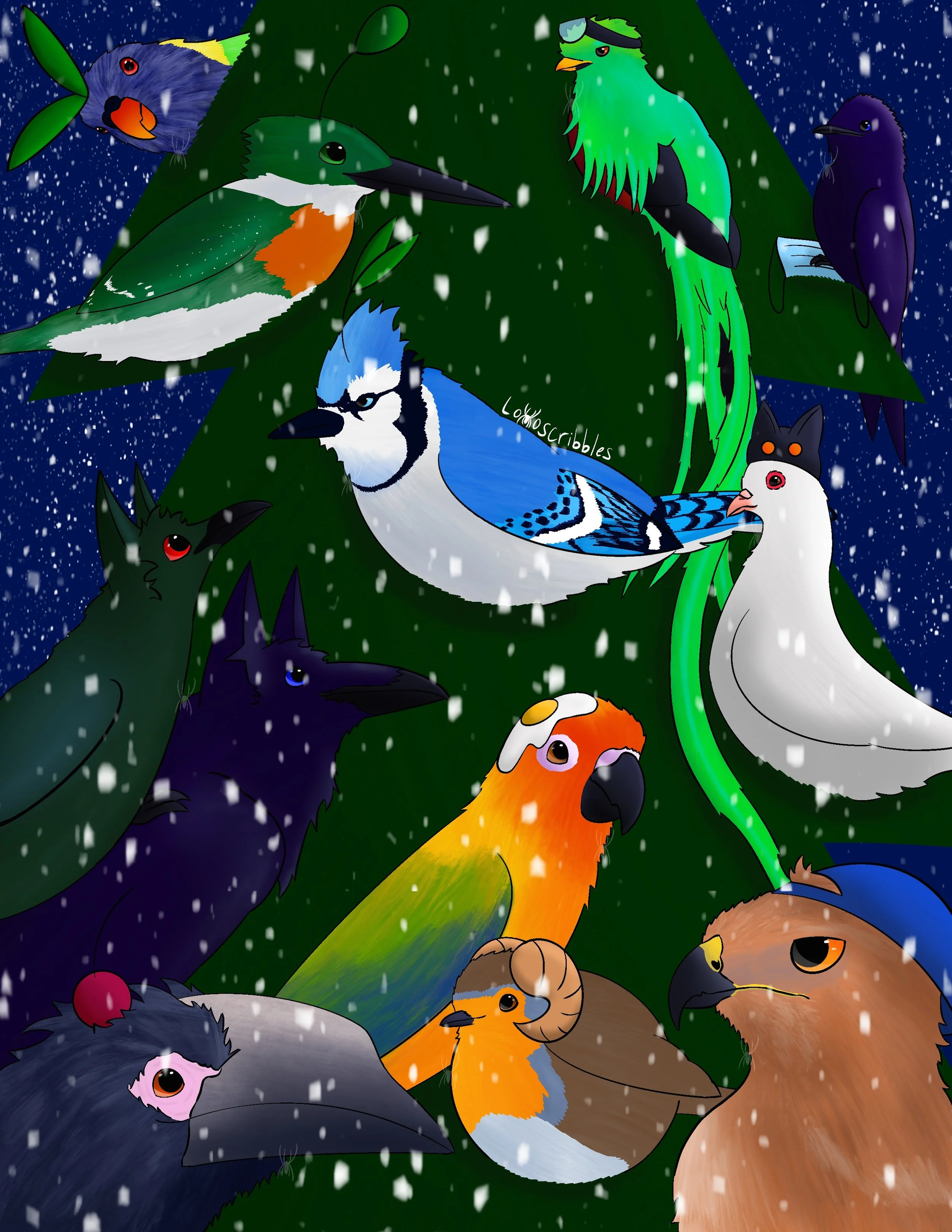 A snowy scene featuring bird designs for several of my Among Us-inspired characters