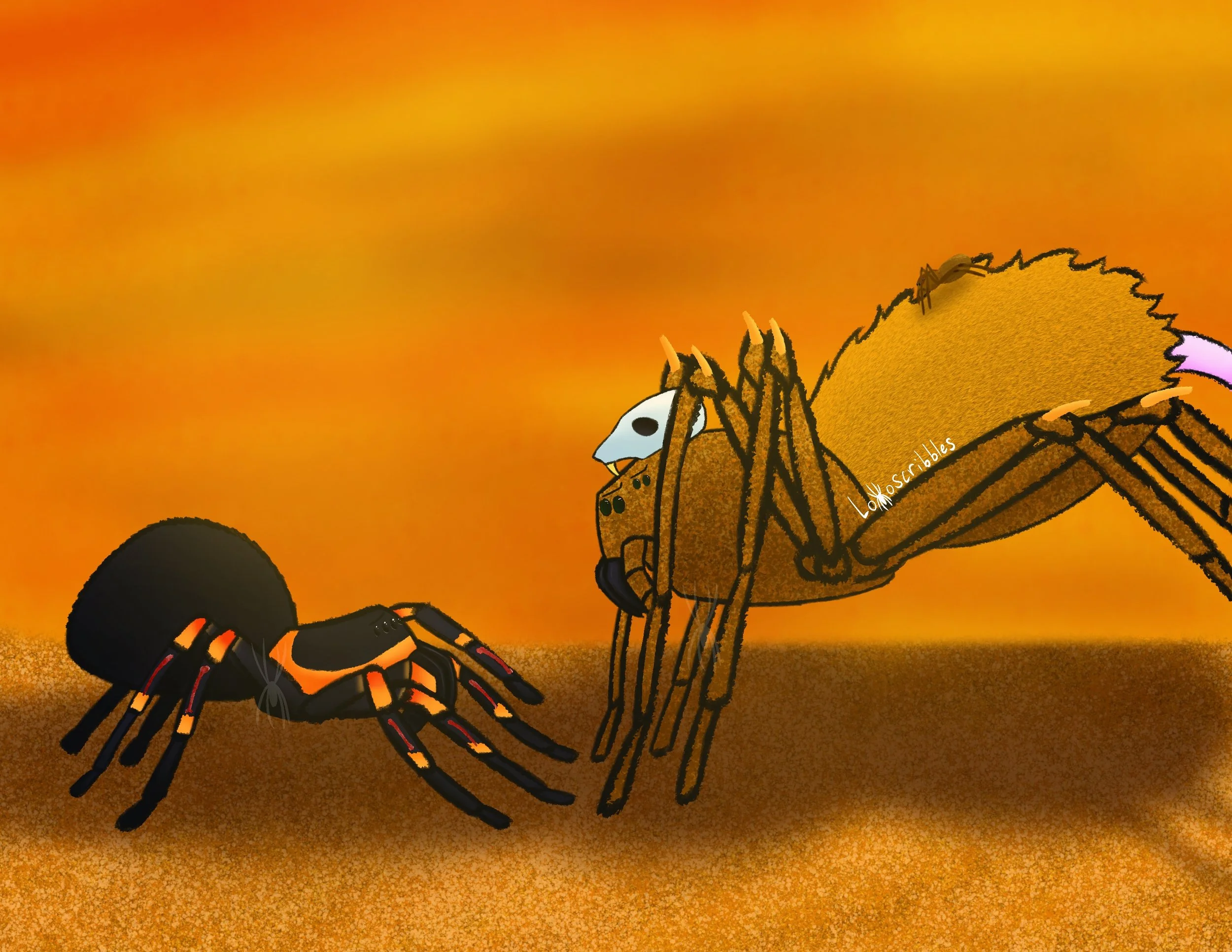 A scene featuring spider characters from my fiction story Arachnid Assault
