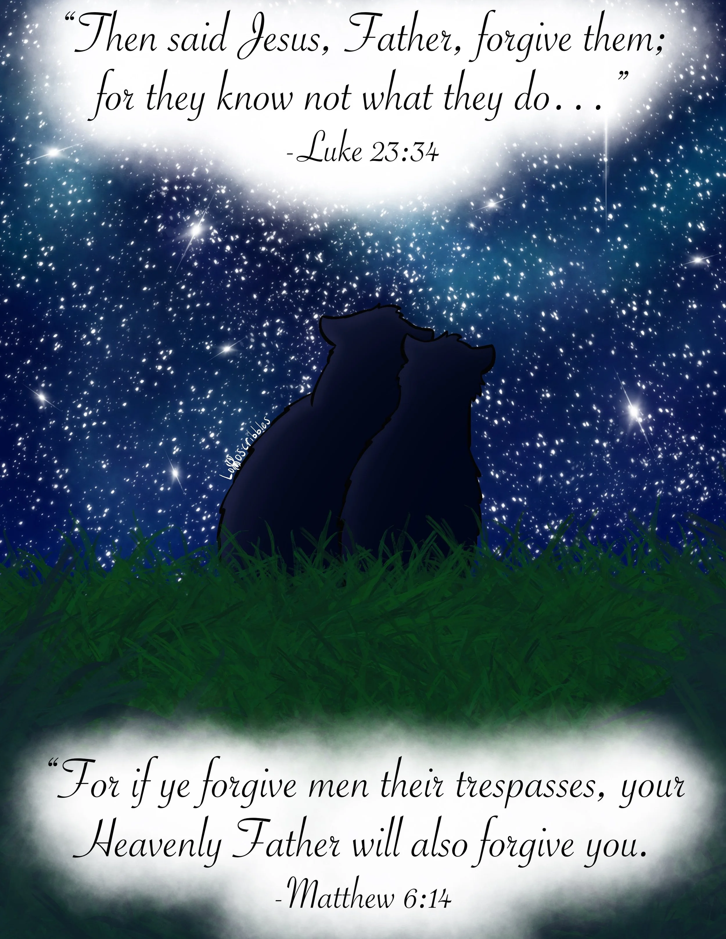 Two of my cougar-jaguar hybrid characters and a couple of my favorite Bible verses about forgiveness