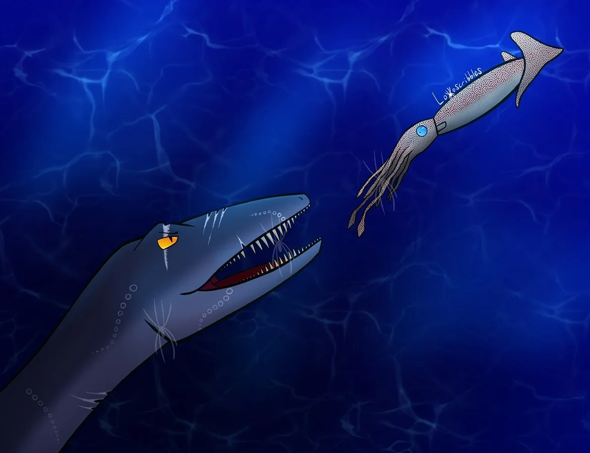A plesiosaur hunting a prehistoric squid
