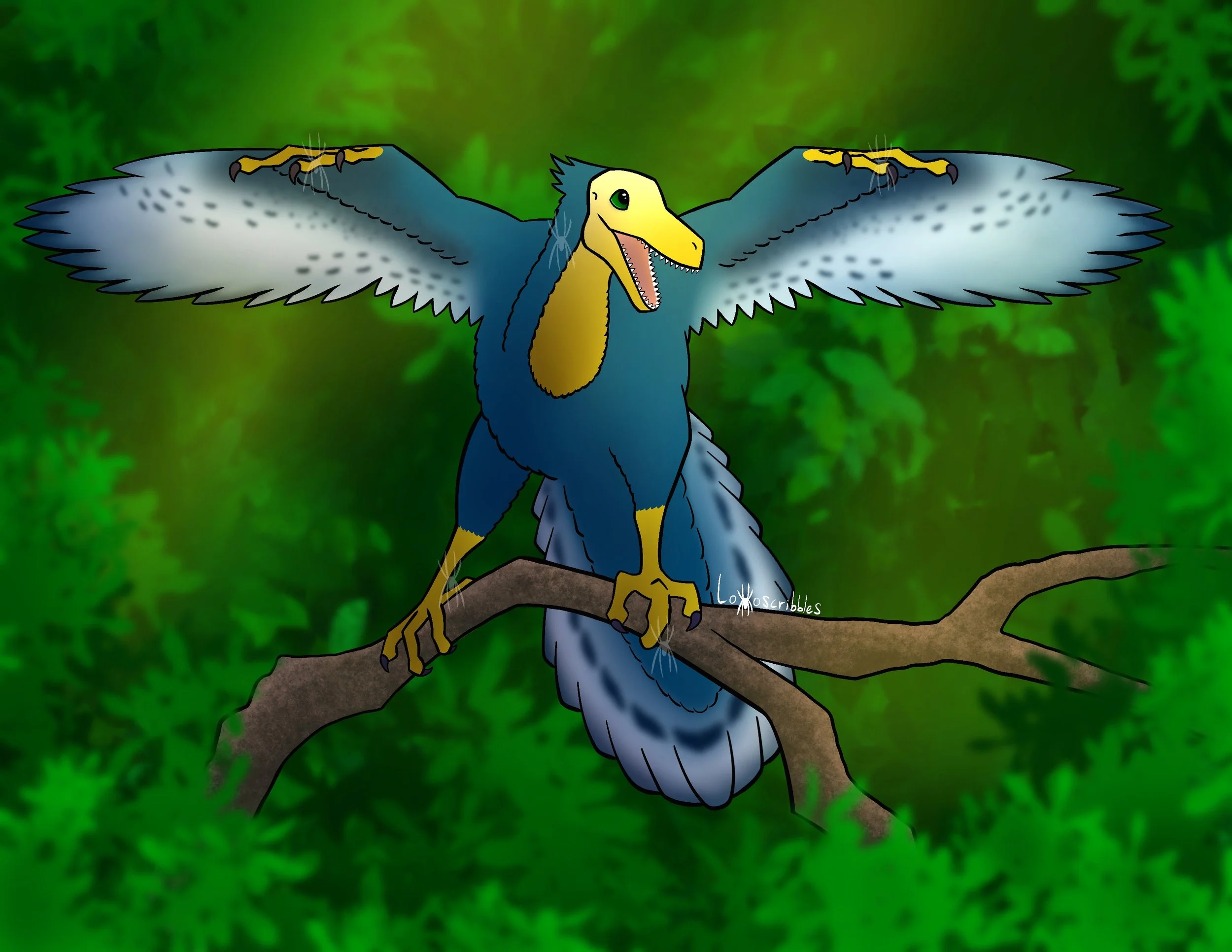 An archaeopteryx perching on a branch and spreading its wings