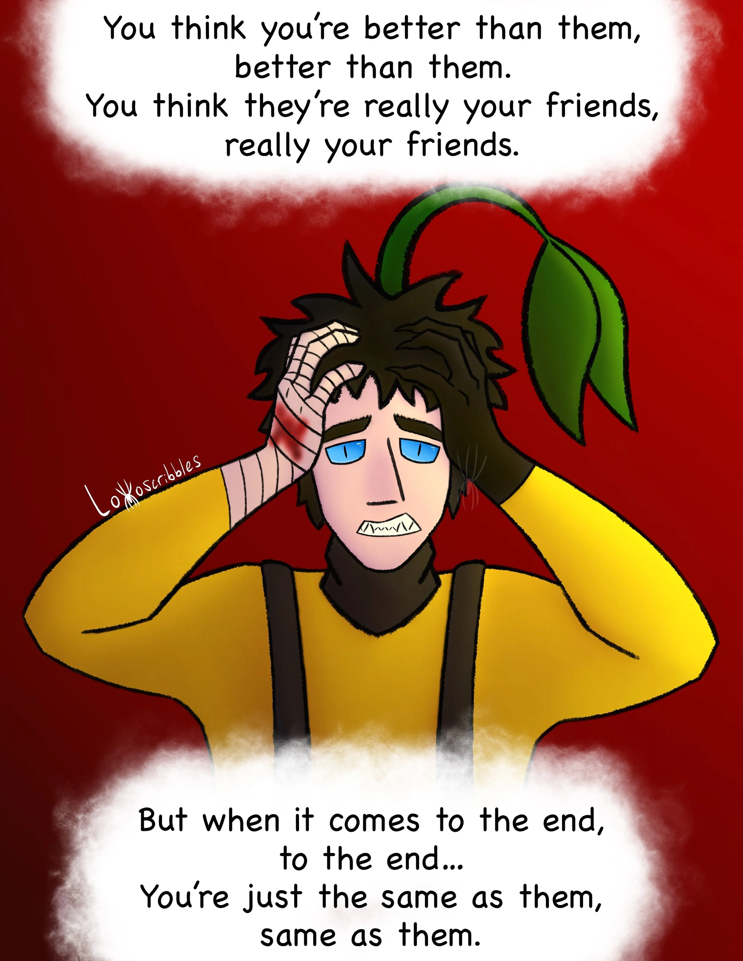 An illustration of my Among Us-inspired character and lyrics from the song 'Sharks' by Imagine Dragons