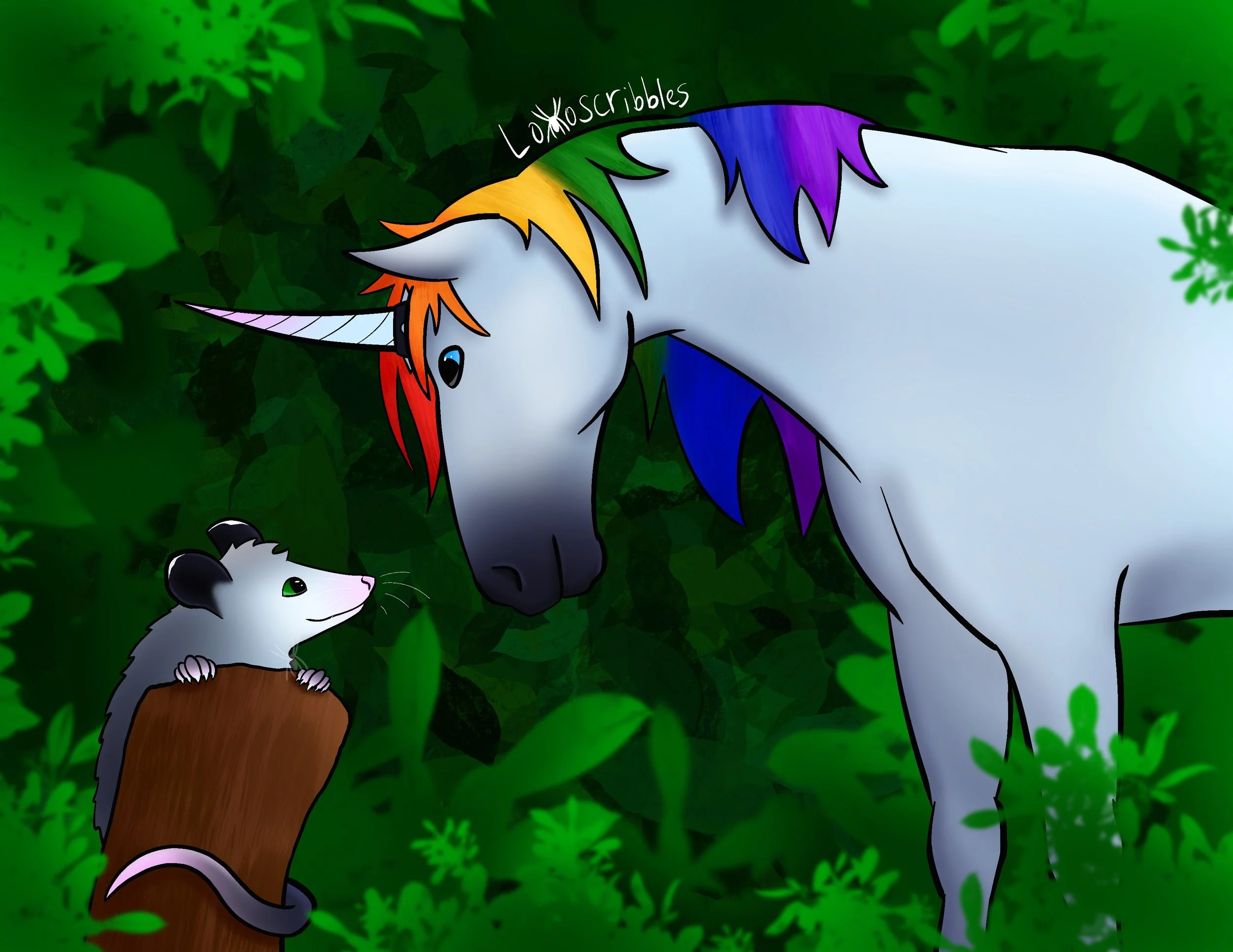 A unicorn character designed by a friend meeting an opossum