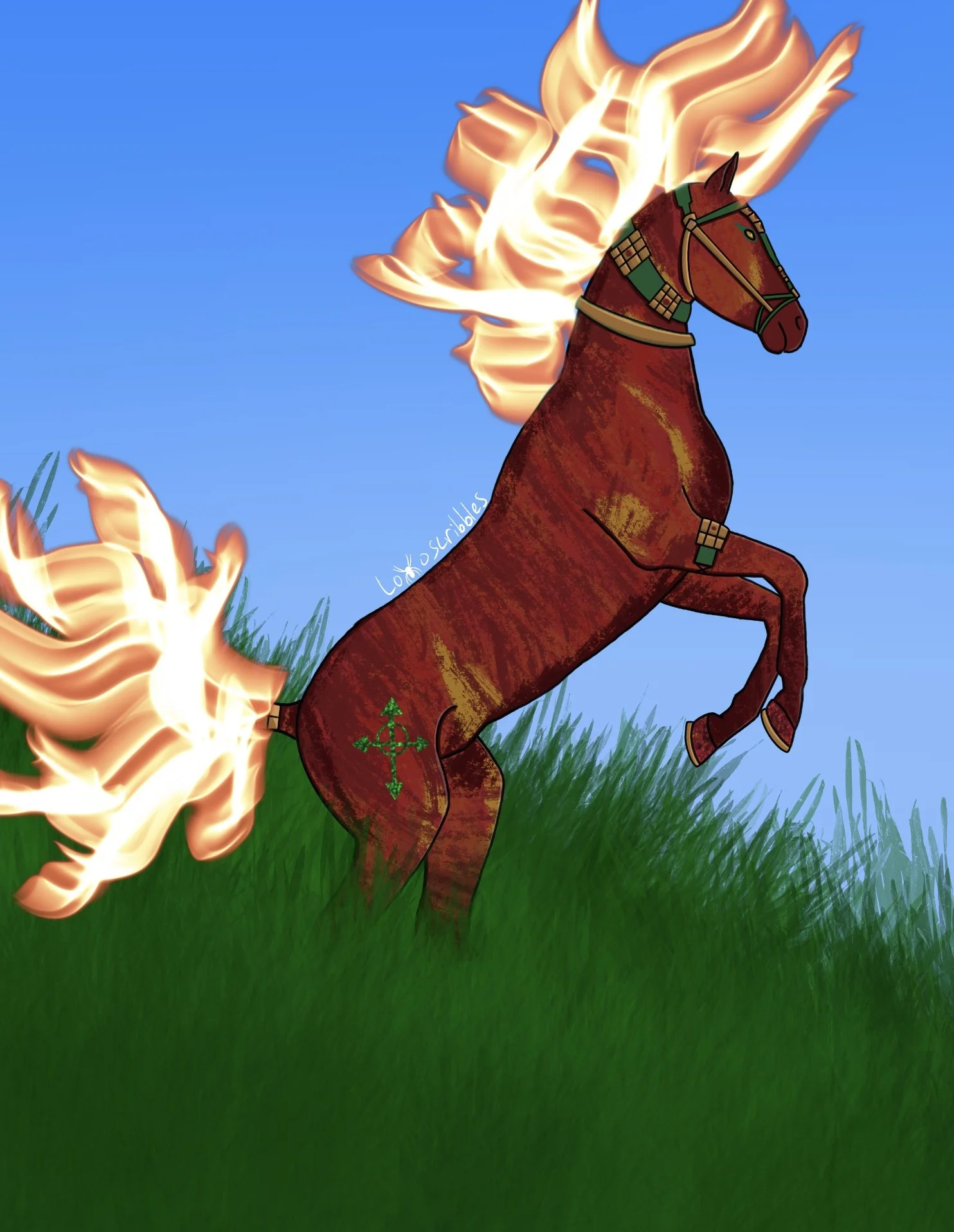 An illustration of a horse with a flaming mane and tail designed by a friend