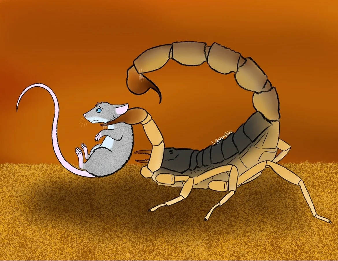 A scene featuring a mouse and scorpion character from my fiction story Arachnid Assault