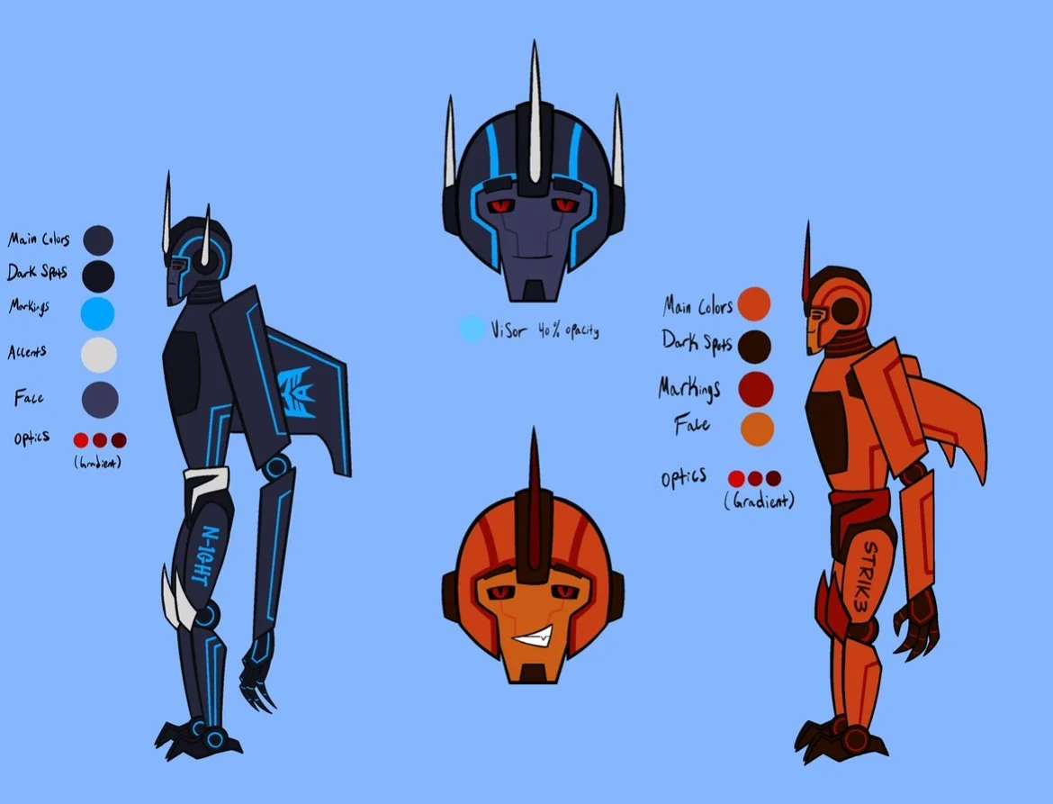 Reference sheet for two Transformers: Prime characters that I designed