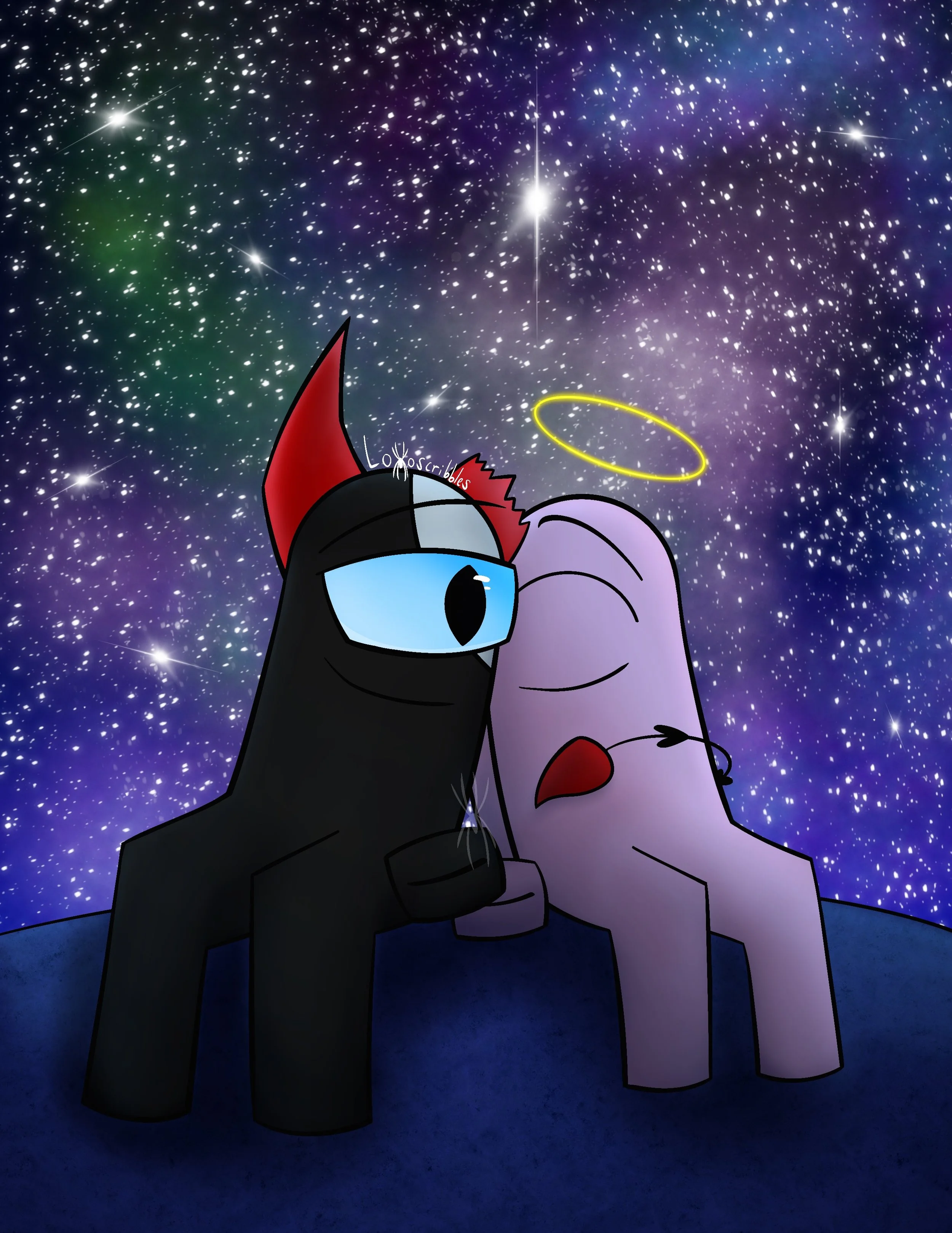 An illustration featuring two Among Us characters designed by a friend against a starry background
