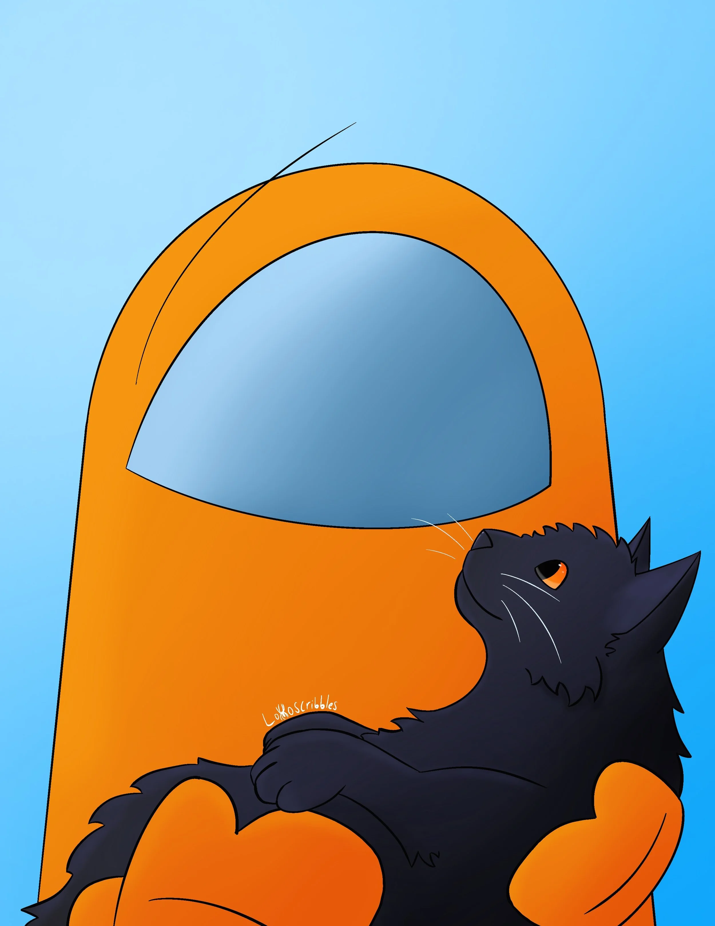 Illustration of a friend's Among Us character and a cat