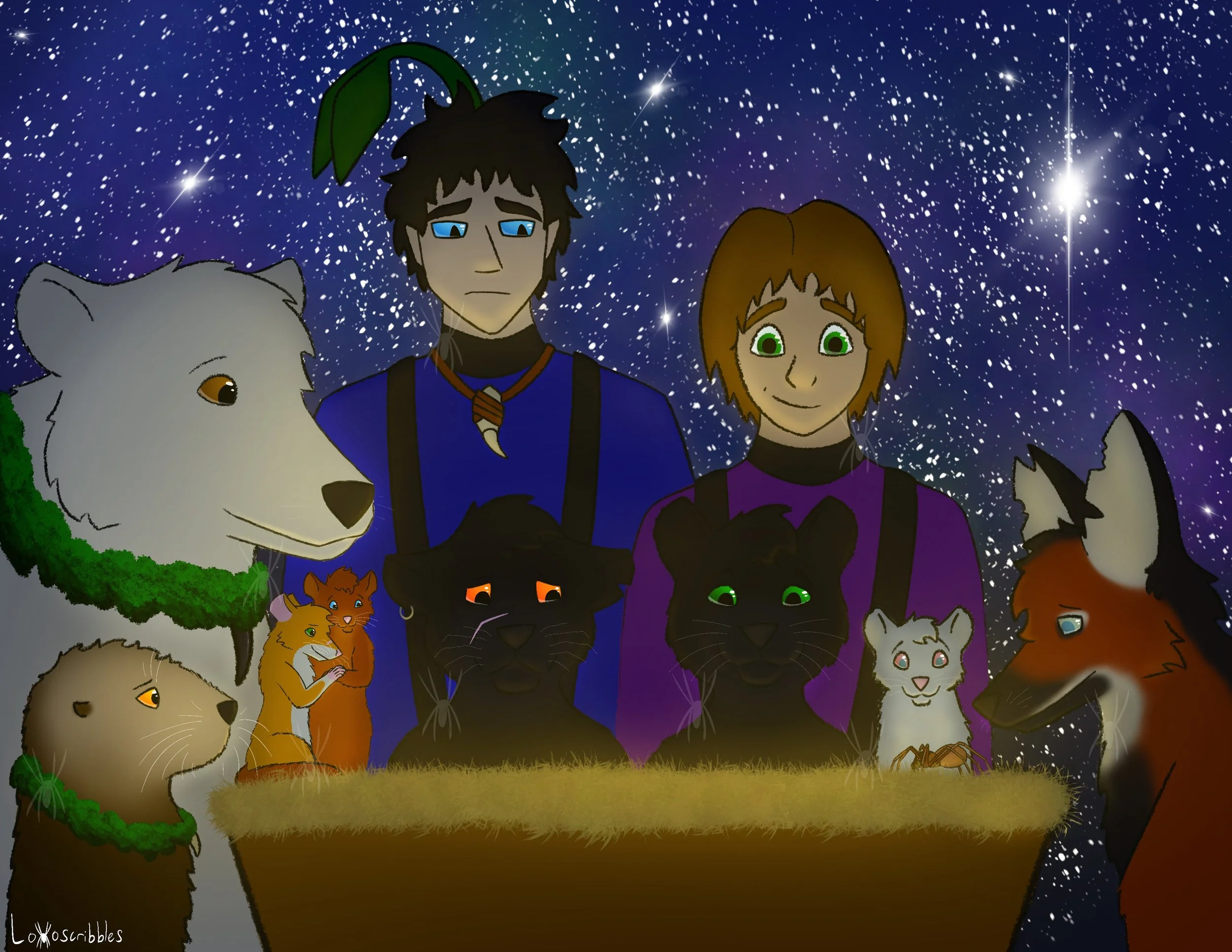 A Nativity scene featuring various characters from several of my fiction stories gathering about Baby Jesus's manger