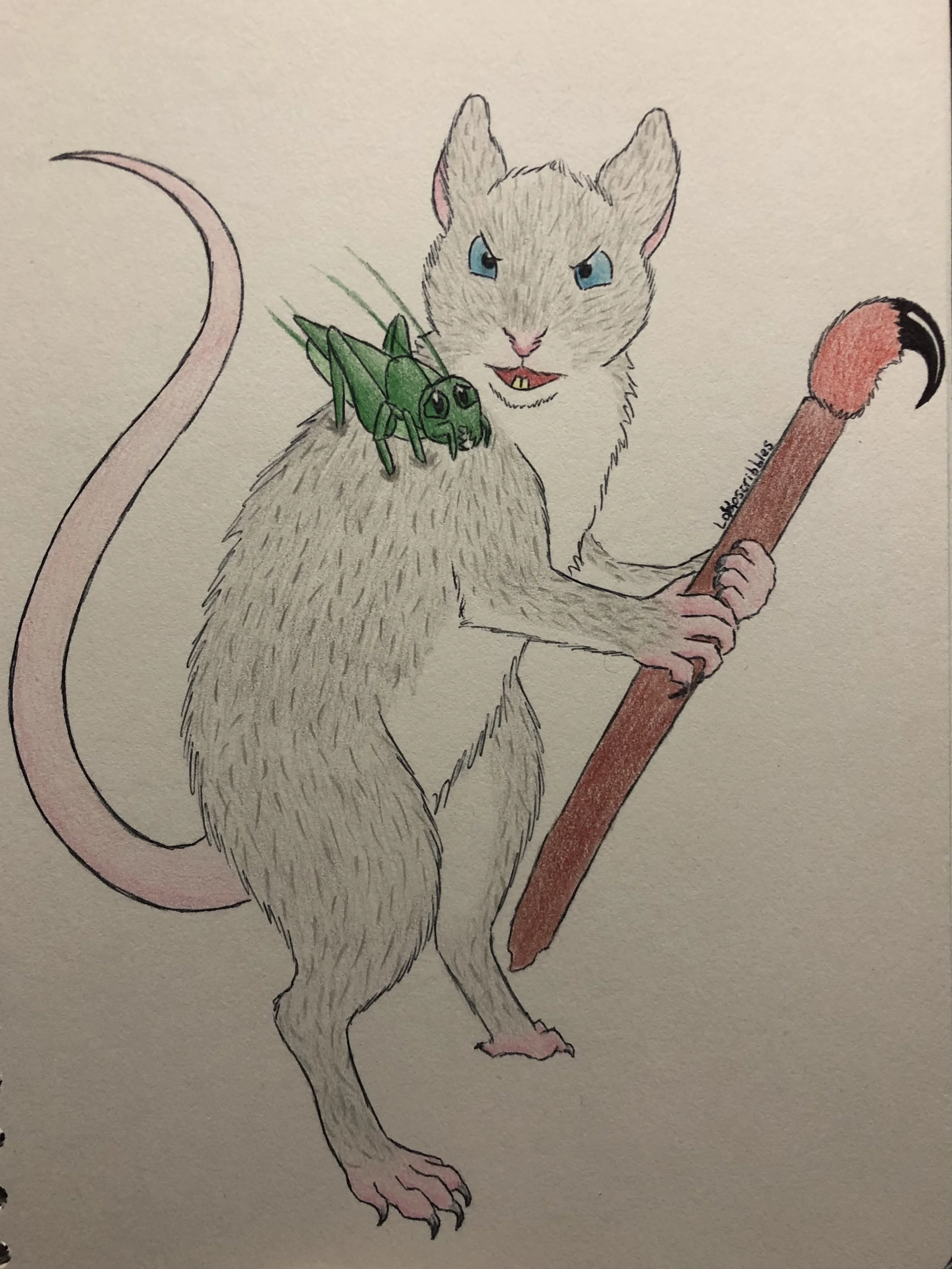 Colored pencil drawing of a mouse and cricket character from my fiction story Arachnid Assault