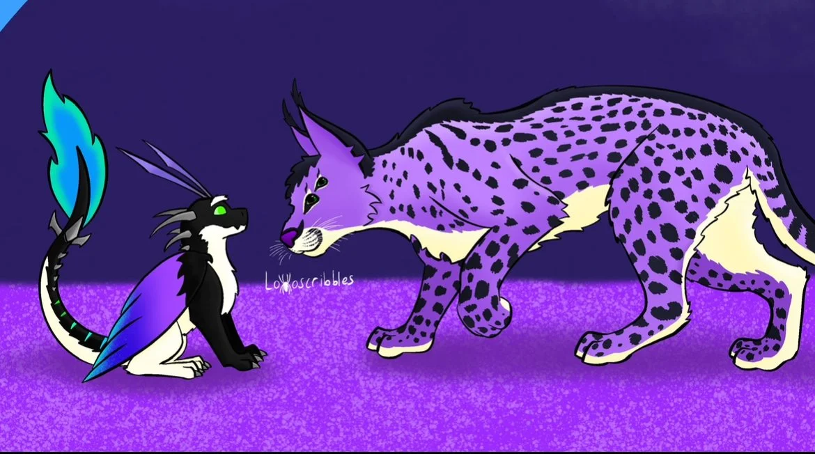 A scene featuring one of my four-eyed alien cats meeting a friend's dragon character