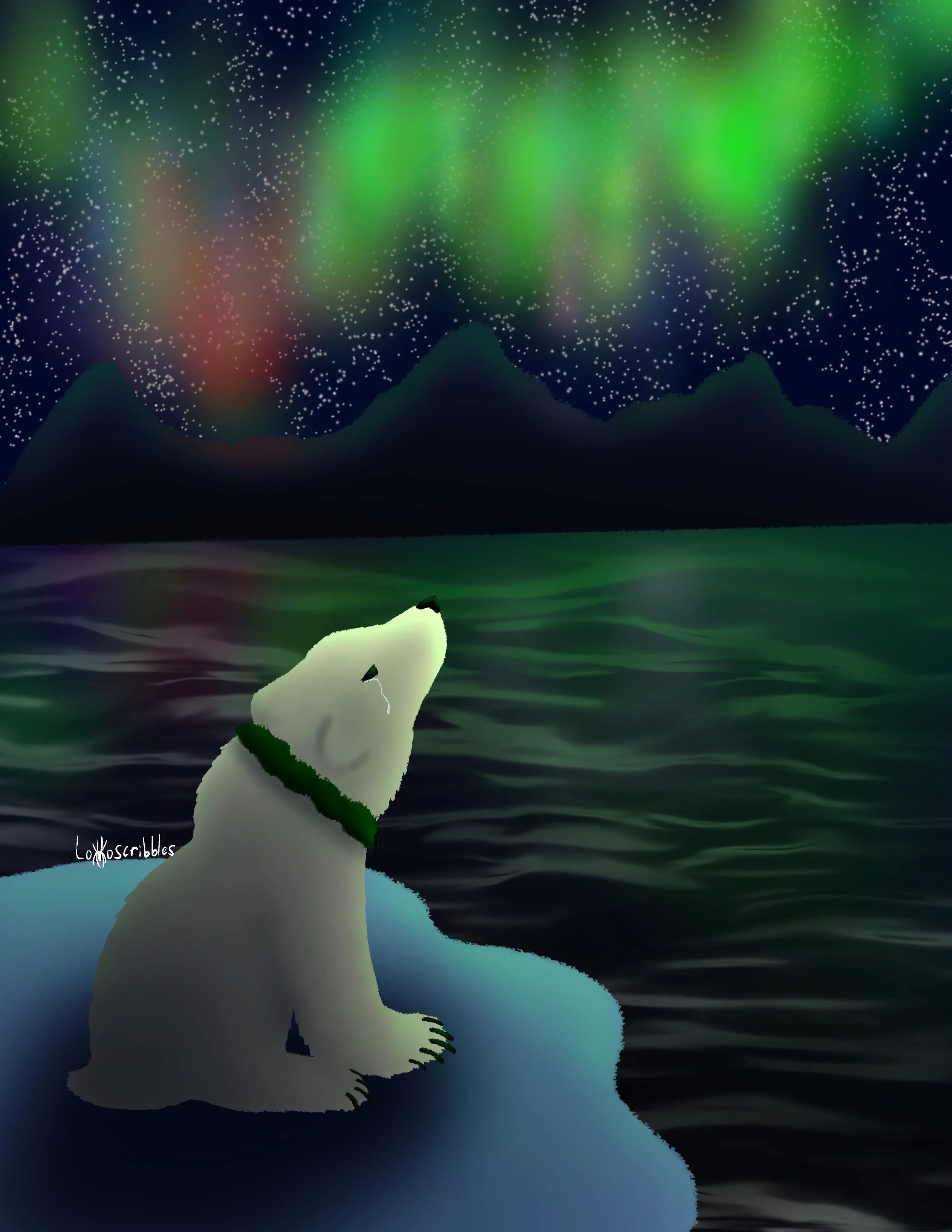 Scene featuring a polar bear character from my fiction story Ocean of Danger