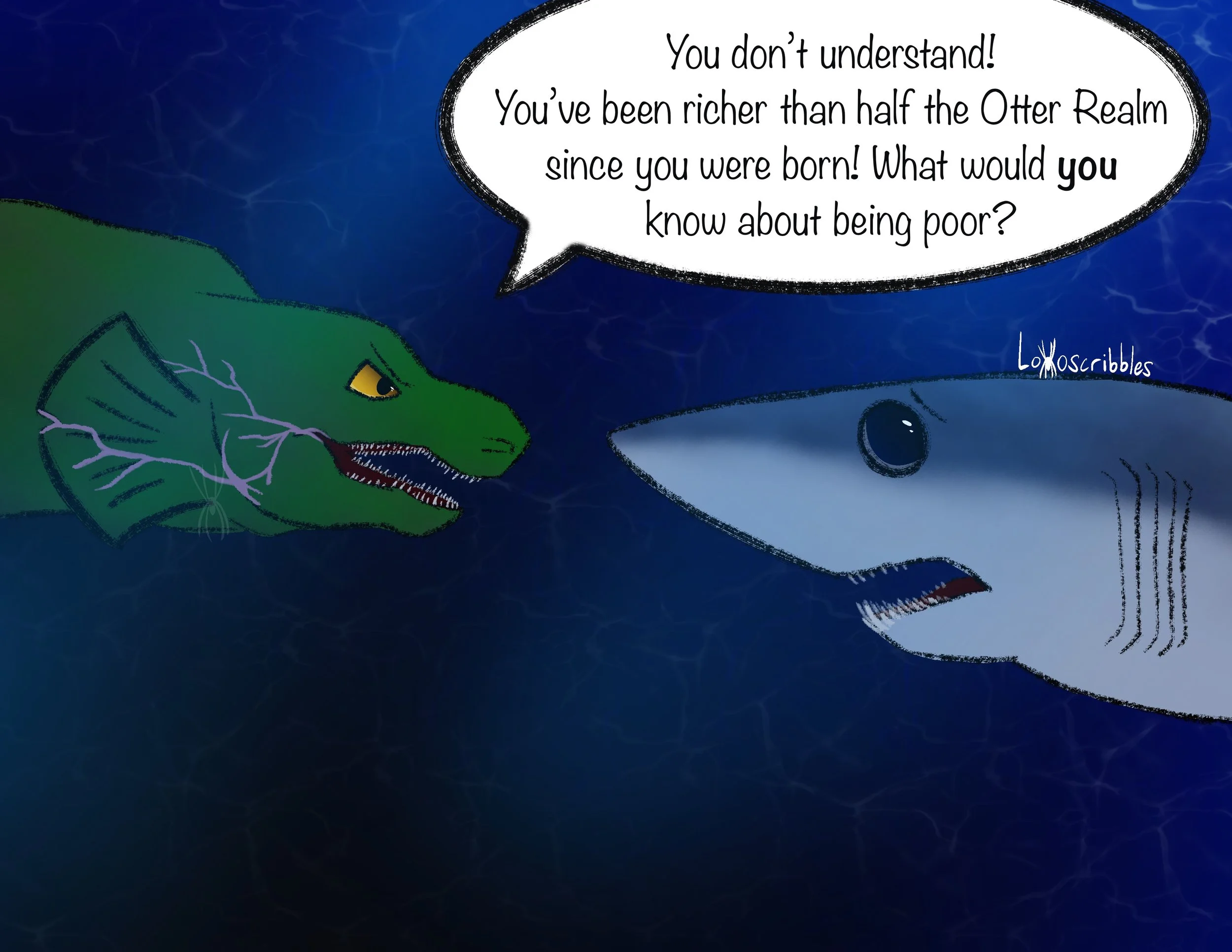 A scene featuring an eel character and a shark character from my fiction story Ocean of Danger