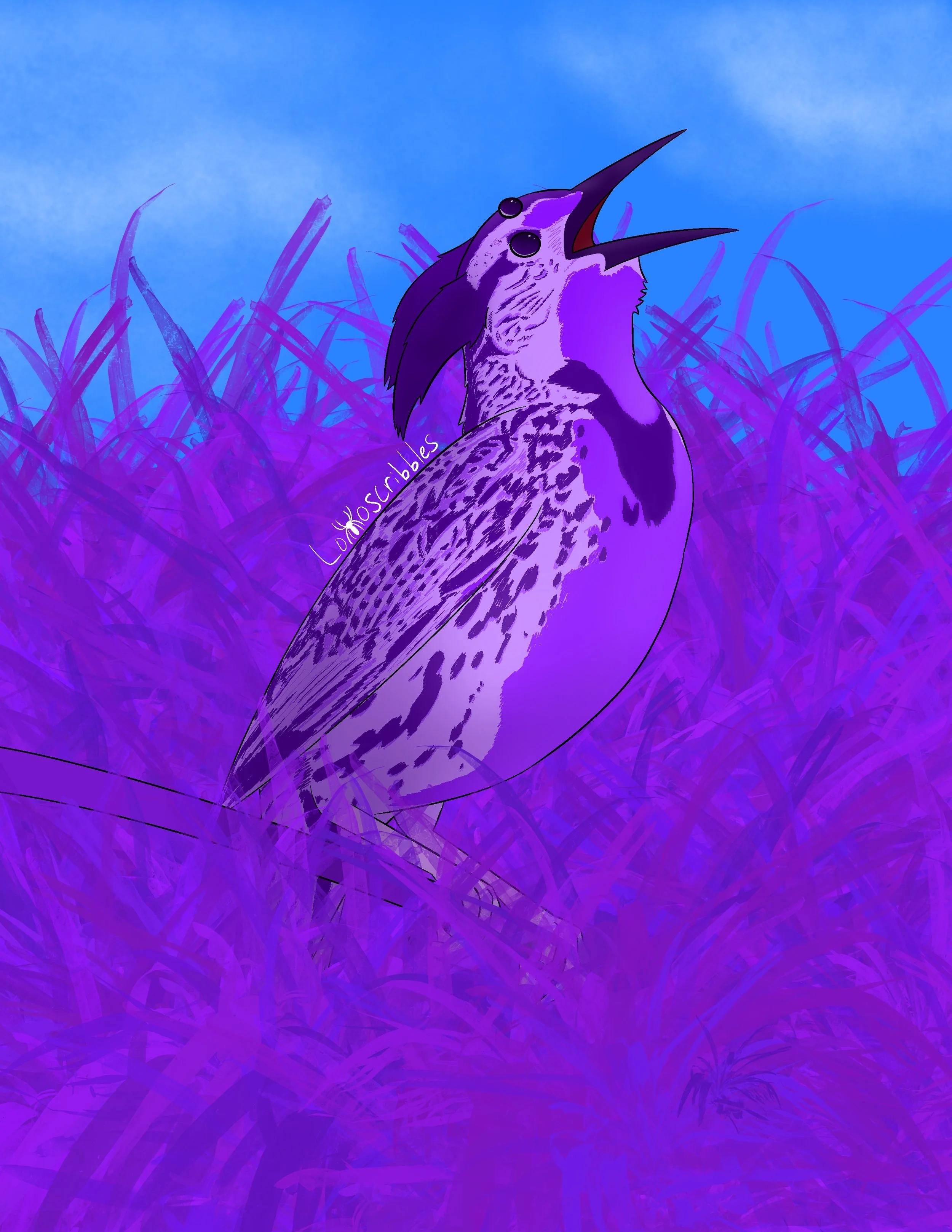 A three-eyed purple alien bird that I designed