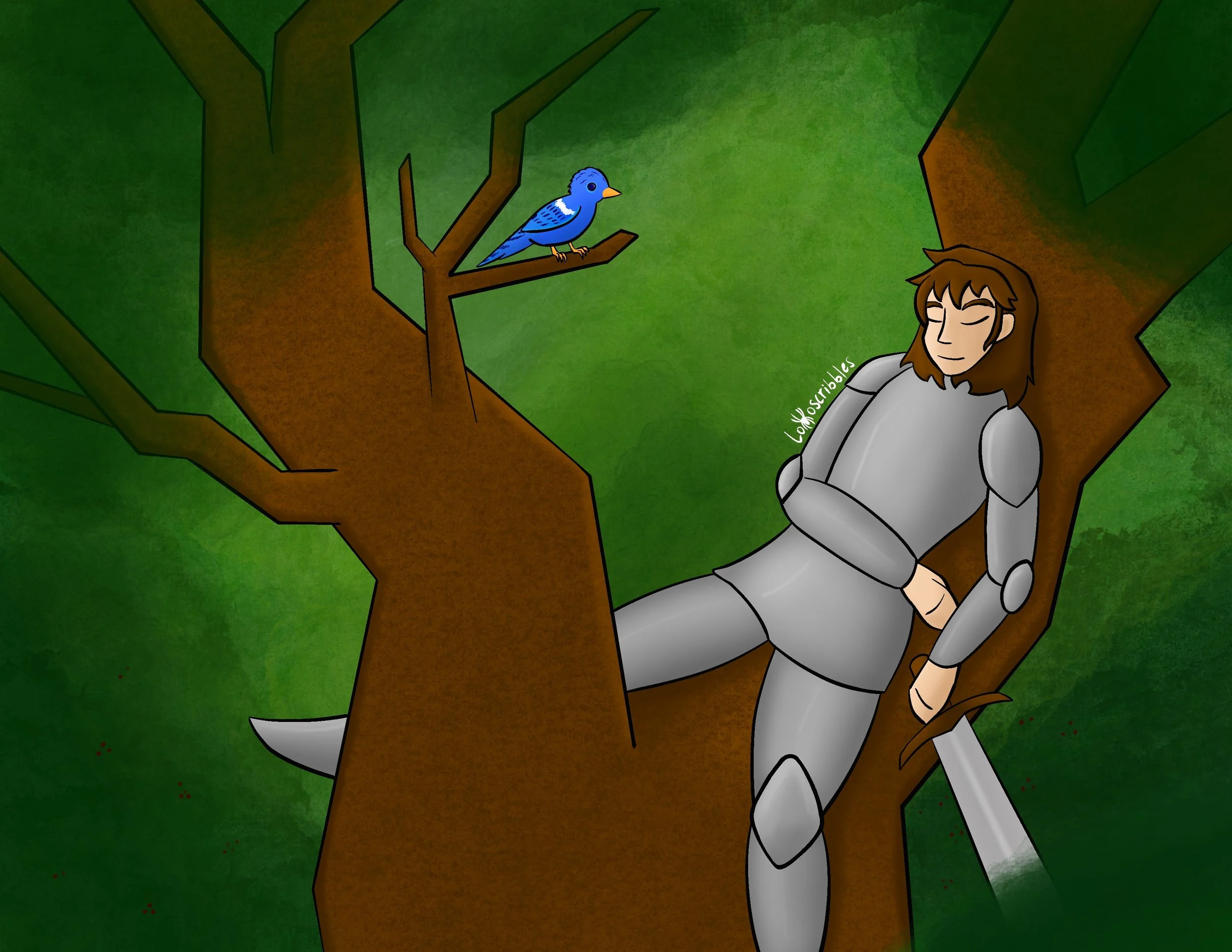 A scene of a friend's character napping in a tree