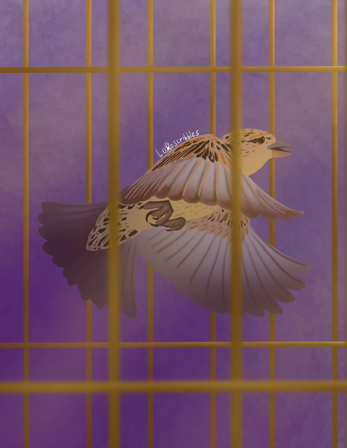 A house sparrow in a golden cage