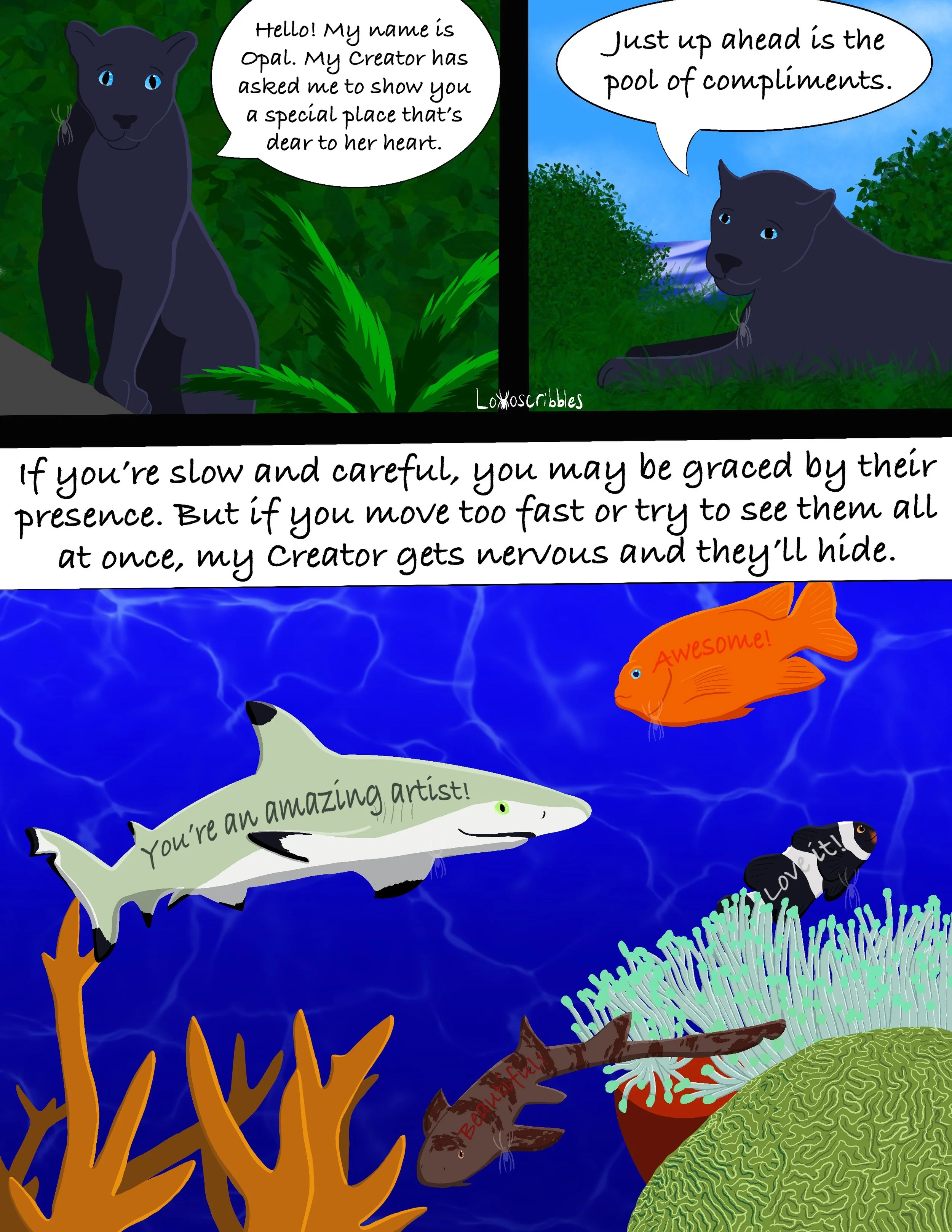 Symbolic comic featuring one of my cougar-jaguar hybrid characters and various marine life. Page 1/2
