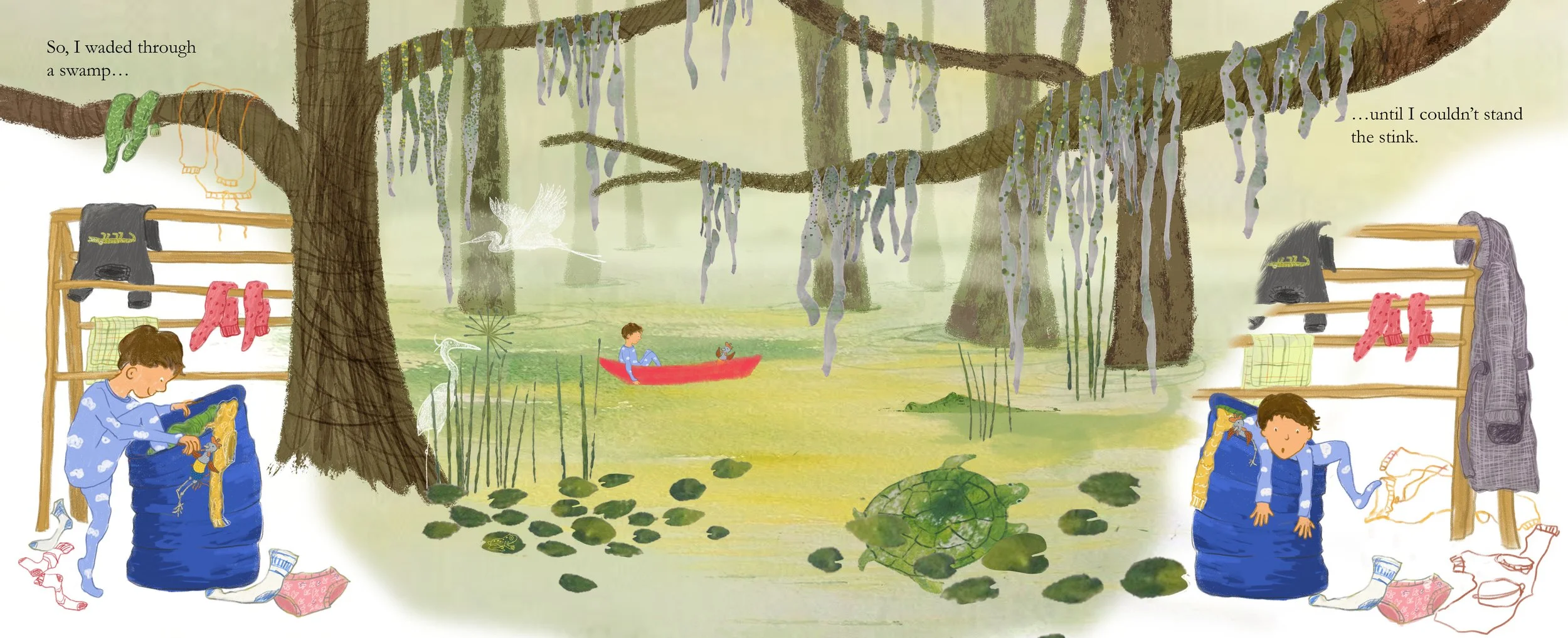 An illustrated children’s book page shows a swamp scene with children and animals. On the left and right, children are packing clothing into large blue and gray bags, with clothes hanging on racks above. In the swamp center, a boy in pajamas sits in 
