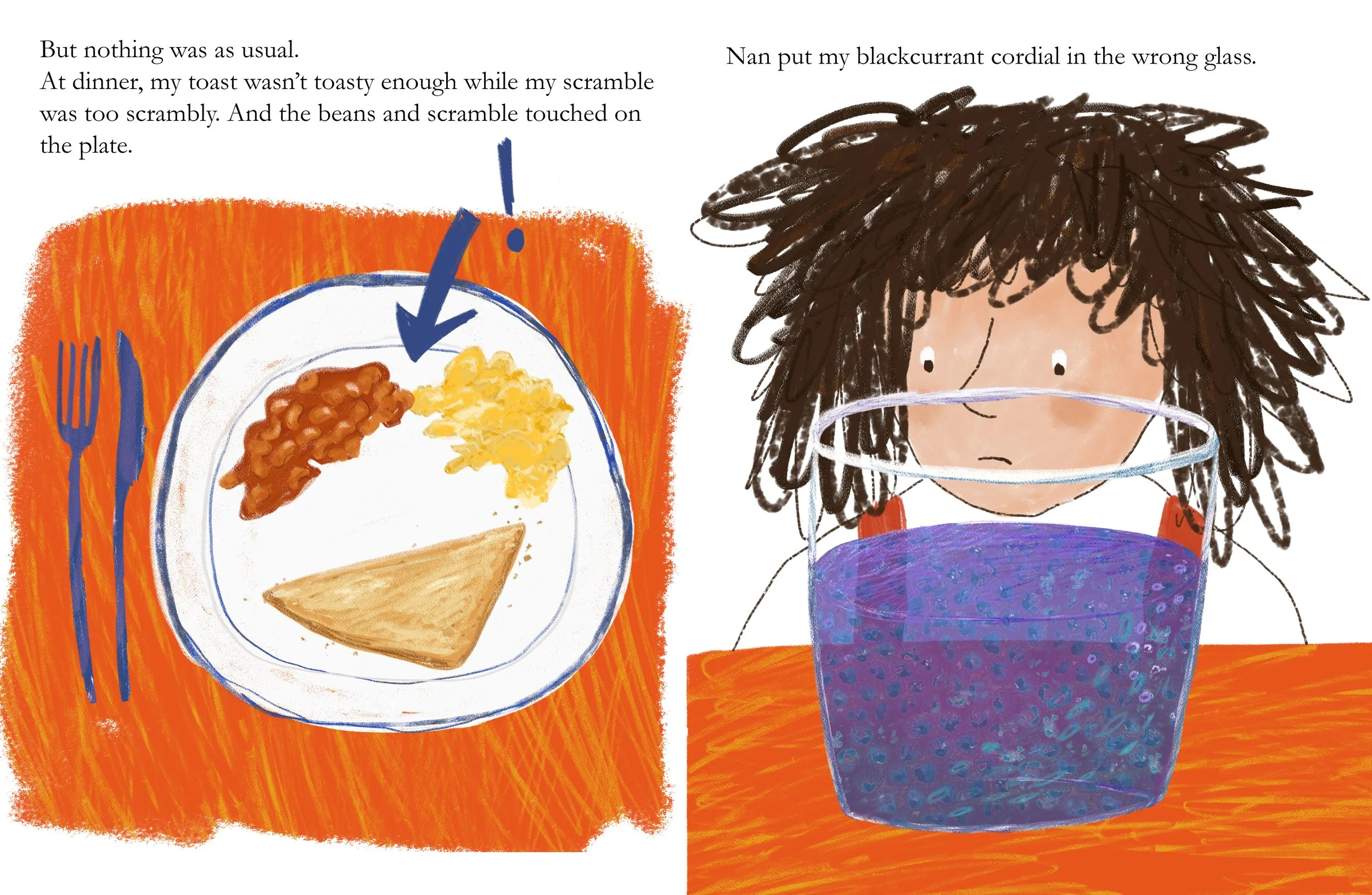 Drawing of a plate with beans, scrambled eggs, and a slice of toast on an orange table. A person with wild, messy hair is looking at a glass of purple liquid with a sad expression.