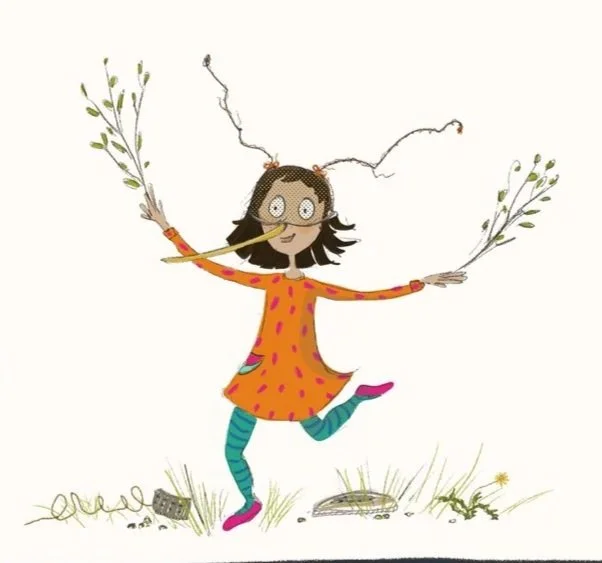 Whimsical girl with antlers, holding branches, wearing colorful orange dress and striped leggings, dancing on grass with scattered objects.