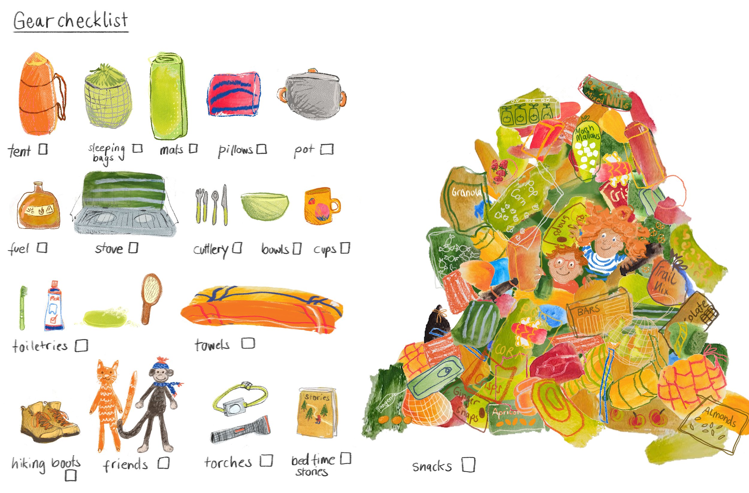 Colorful illustration of a camping gear checklist on the left and a large pile of various snack and food packages on the right, with two children peeking out from the pile.