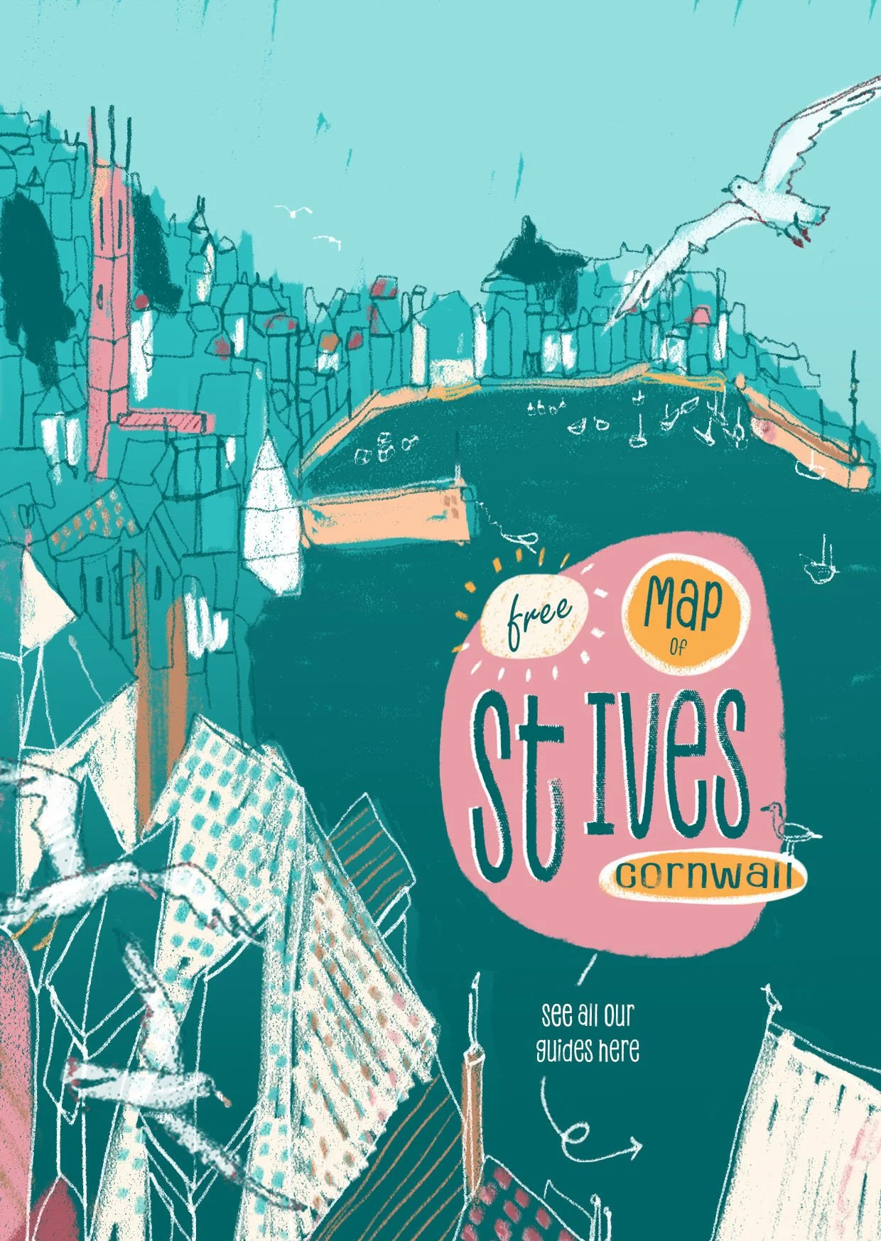 Illustration of a harbor scene with boats, buildings, and water in Cornwall, featuring the text "Free Map of St Ives Cornwall" and a note to see all guides.