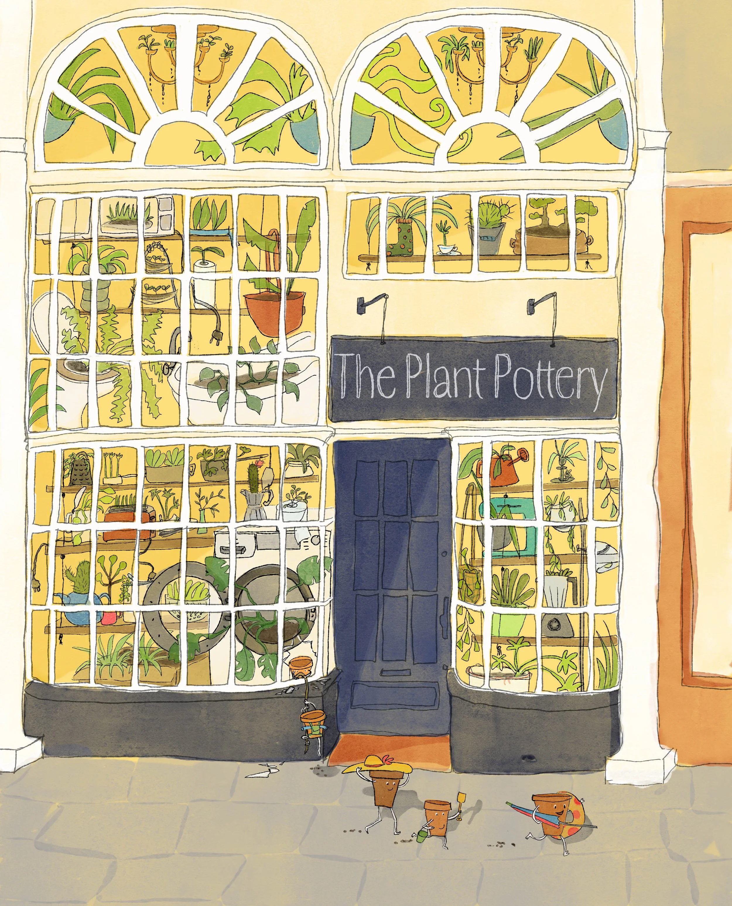 A watercolor illustration of a plant shop named 'The Plant Pottery' with large glass windows filled with potted plants and gardening tools. Three animated clay pots with cheerful faces are outside the store, one holding a watering can, another with a