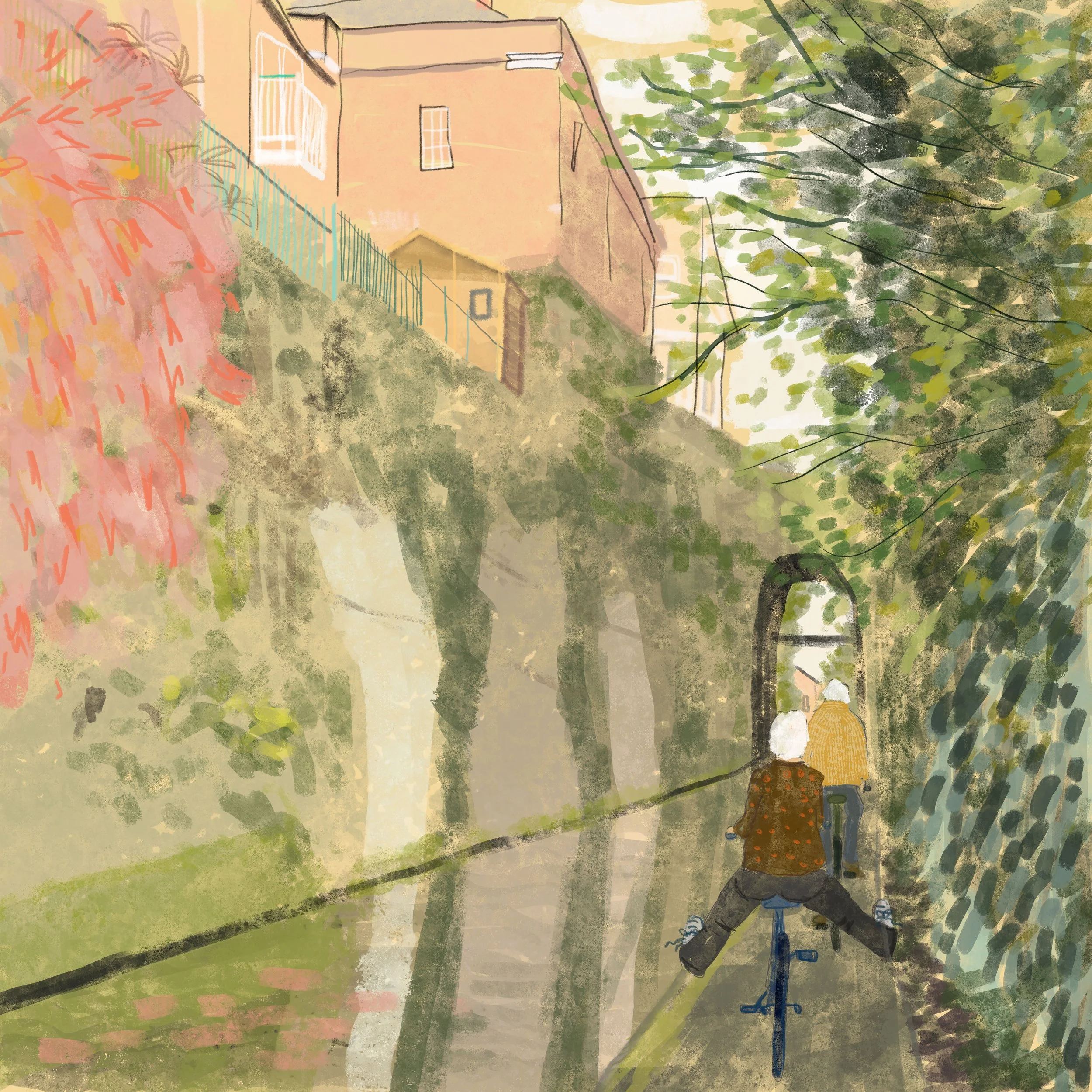 A digital painting of two people riding a bicycle along a canal towpath with a stone arch, surrounded by trees and a pink house on a bank.