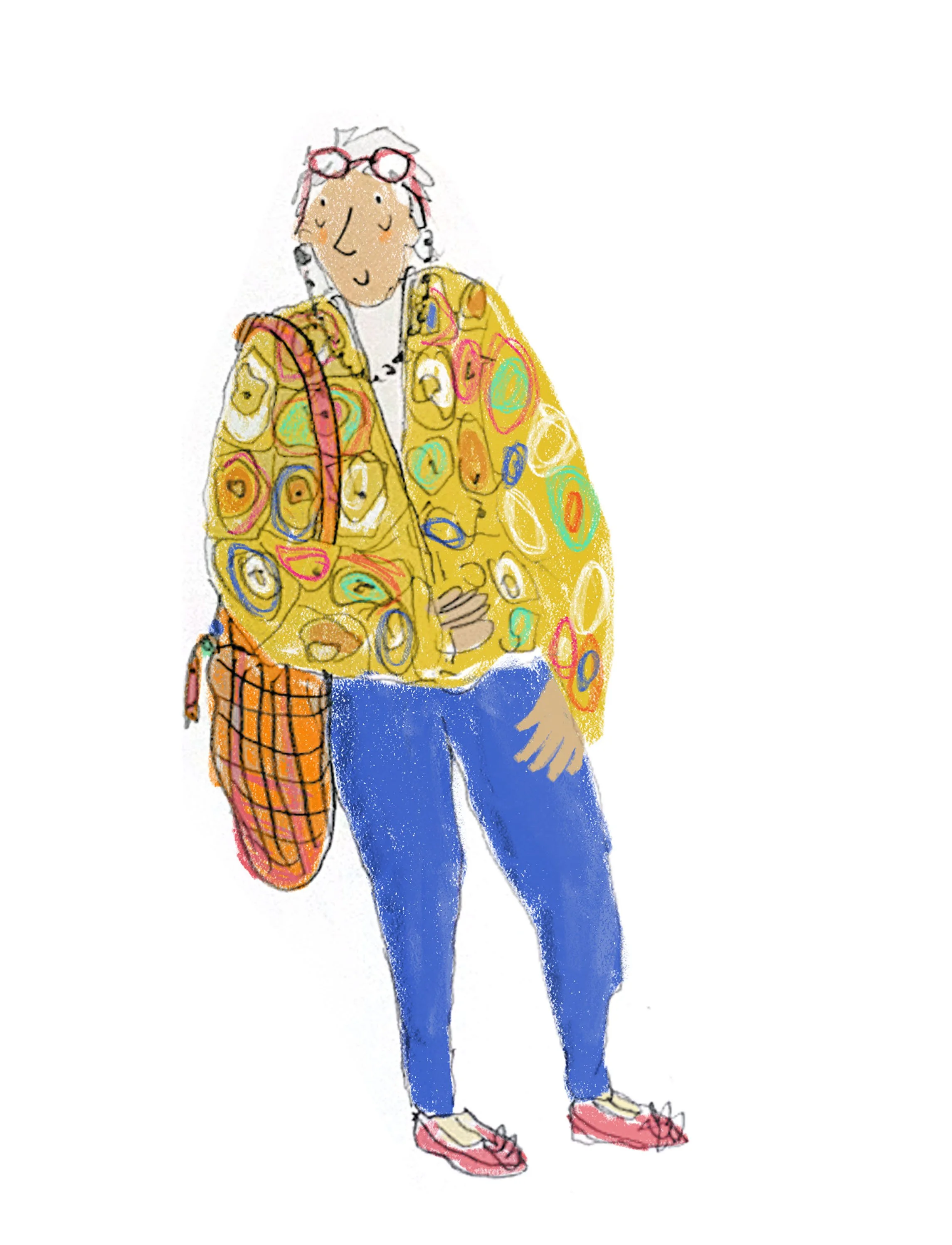 A person with white hair and glasses, wearing a yellow patterned jacket, blue pants, and pink shoes, holding a large orange bag with a checkered pattern.