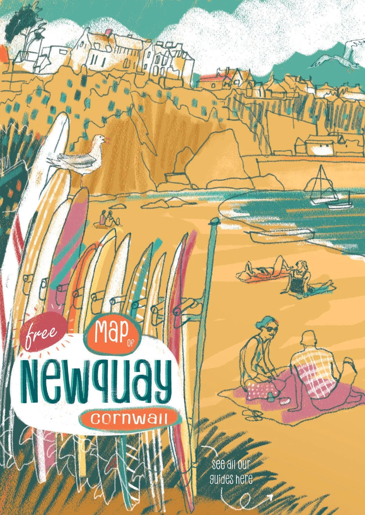 Illustration of Newquay, Cornwall, showing surfboards, a beach scene with people, a seagull, boats in the water, cliffs, and buildings in the background.