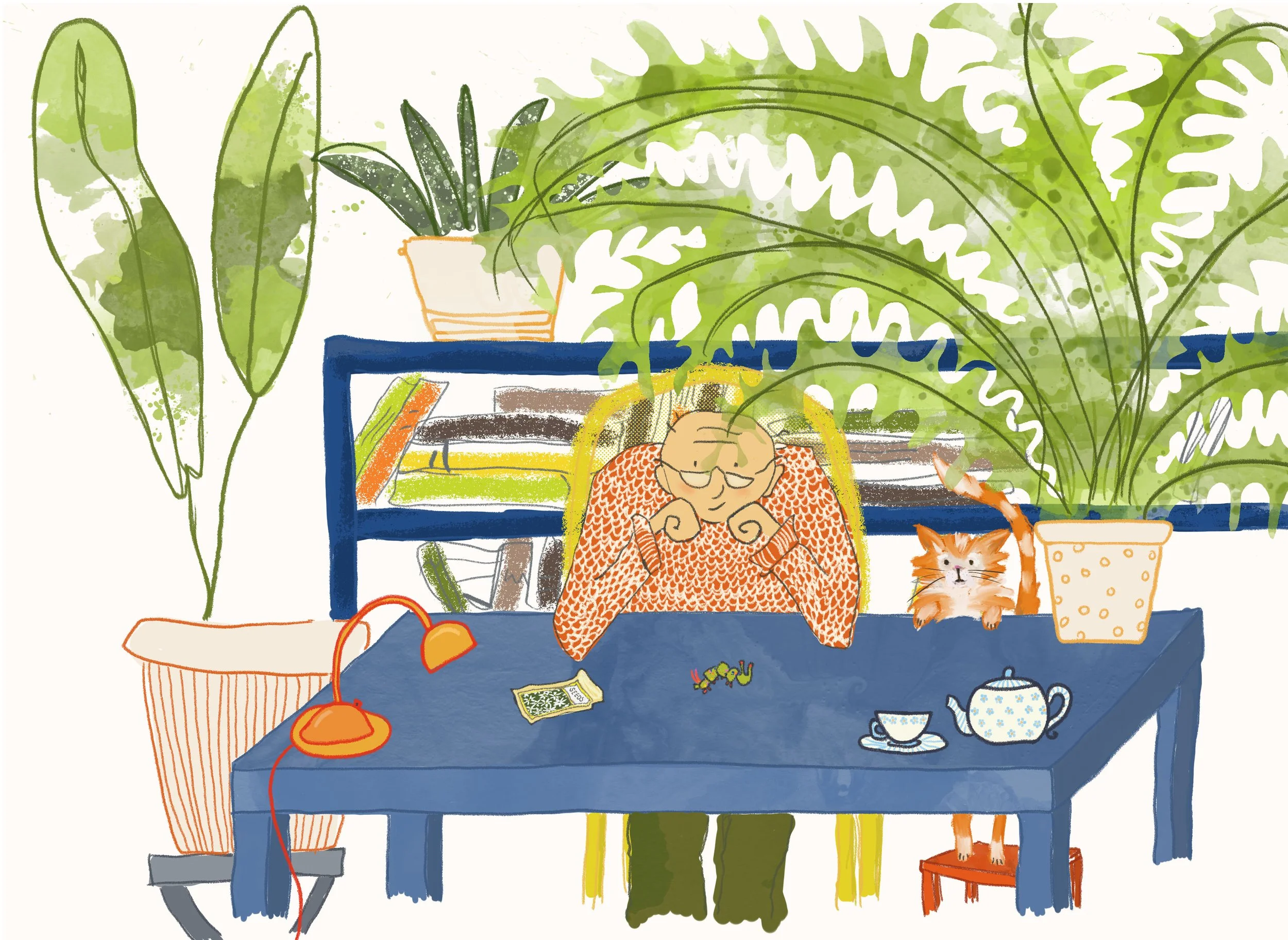 A cozy indoor scene with an elderly person sitting at a blue table, resting their chin on both hands, wearing glasses and an orange patterned sweater. On the table are a small teapot, a cup on a saucer, a pack of cigarettes, a tiny toy, and a small o